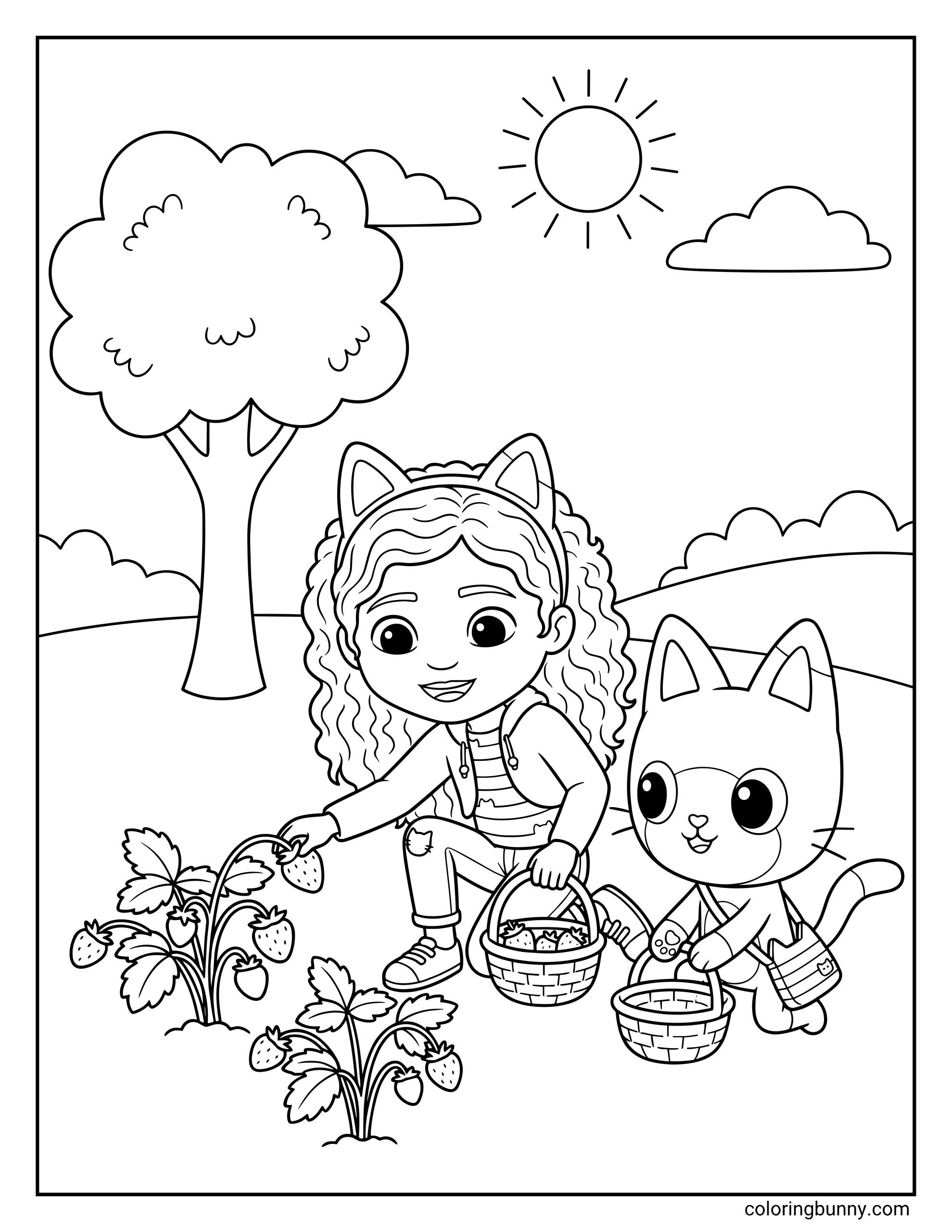 An easy coloring page of Gabby and Pandy Paws from Gabby’s Dollhouse in a strawberry patch, showing Gabby kneeling with a basket while Pandy Paws helps gather berries under a bright sun and fluffy clouds.