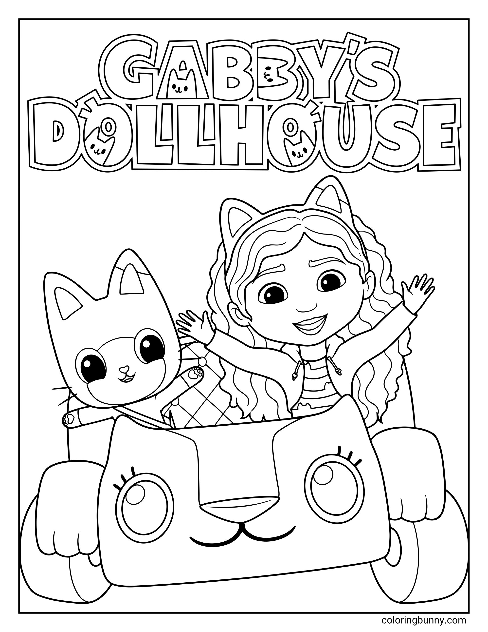 A coloring page of Gabby and Pandy Paws from Gabby’s Dollhouse riding in Carlita the cat car, with both characters smiling and raising their hands while sitting in the cute cat-shaped vehicle.
