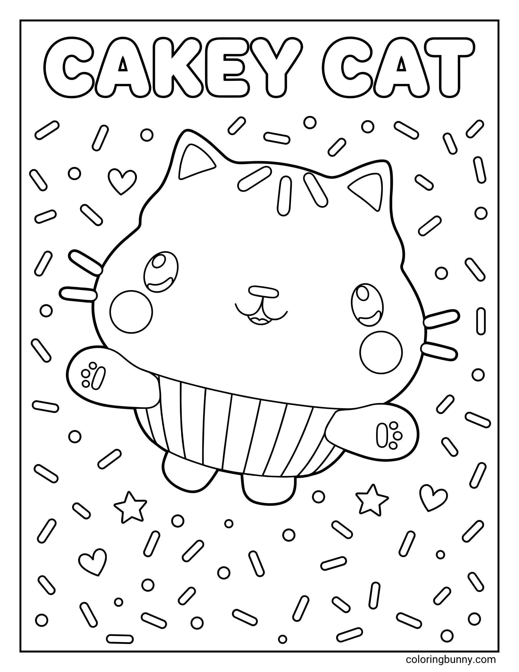 A coloring page of Cakey Cat from Gabby’s Dollhouse standing in a cupcake wrapper, with a smiling cat face, round cheeks, tiny paws, and lots of sprinkles scattered all around the page.