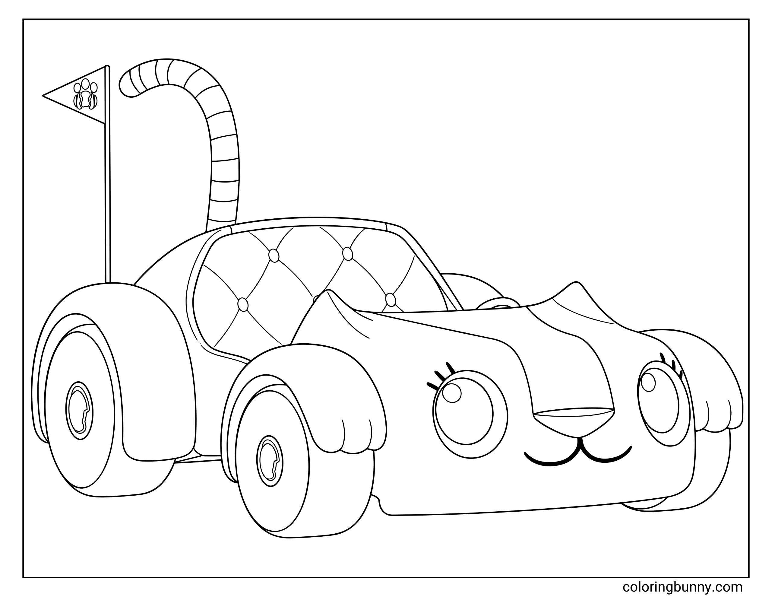 Gabby’s Dollhouse coloring page of Carlita, showing the playful car character with big eyes, eyelashes, a sweet smile, and a little paw print flag