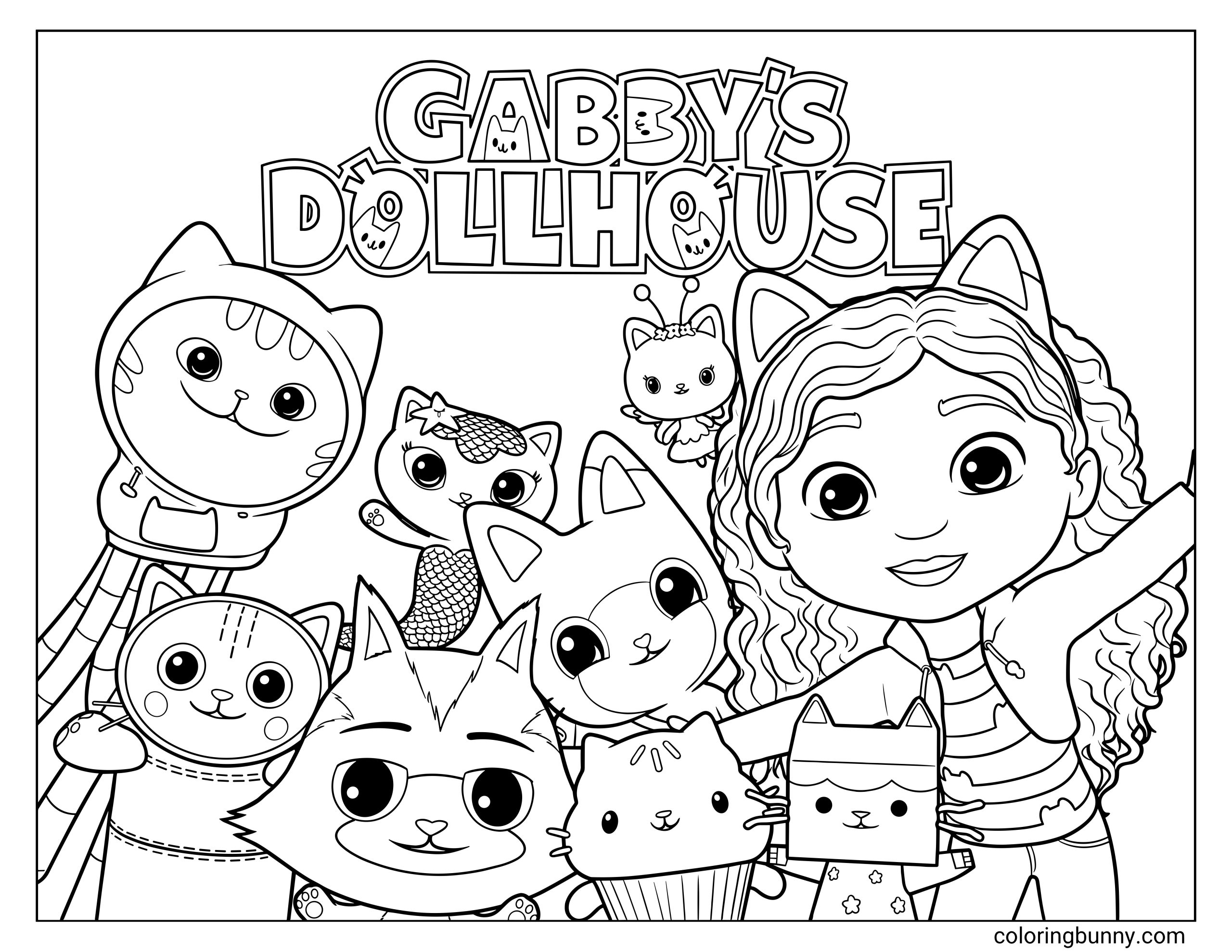 Coloring page of Gabby's Dollhouse characters posing together. The image includes Gabby waving alongside DJ Catnip, CatRat, Baby Box, Pillow Cat, Kitty Fairy, MerCat, and Pandy Paws.