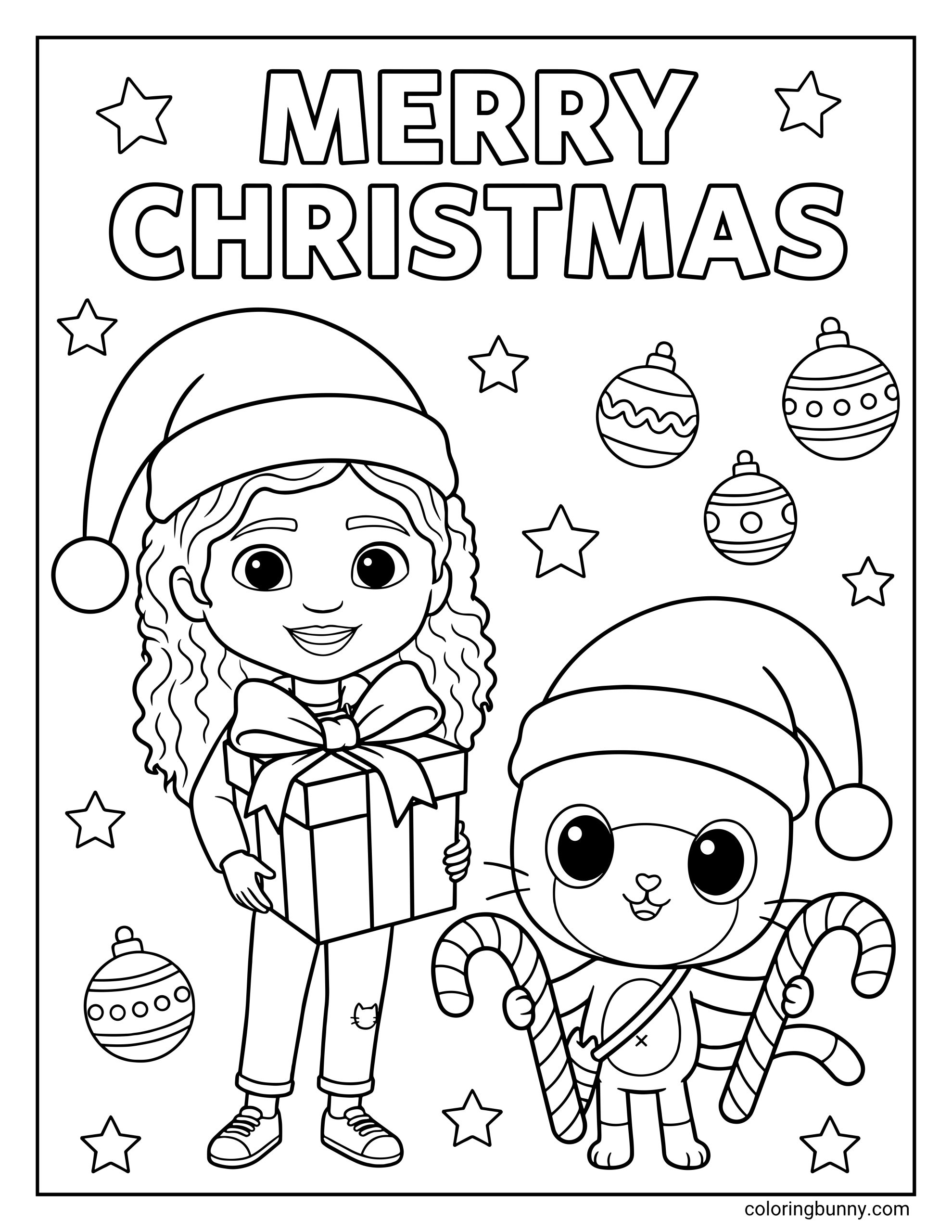 Gabby’s Dollhouse Christmas coloring page featuring Gabby holding a wrapped present while Pandy Paws wears a Santa hat and holds candy canes, surrounded by ornaments and stars.