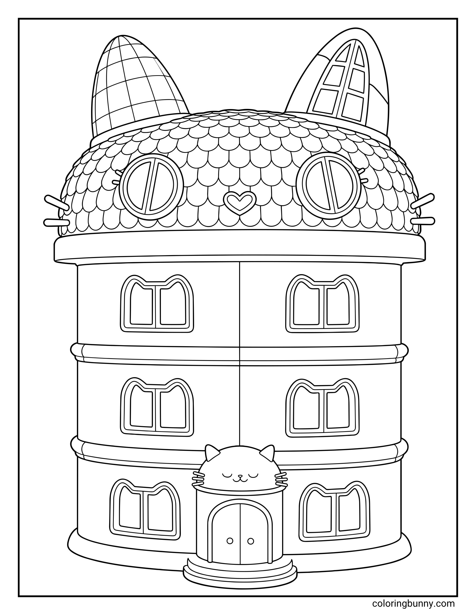 Gabby's Dollhouse coloring page of the main house, showing the tall three-tiered building with cat-themed architecture.