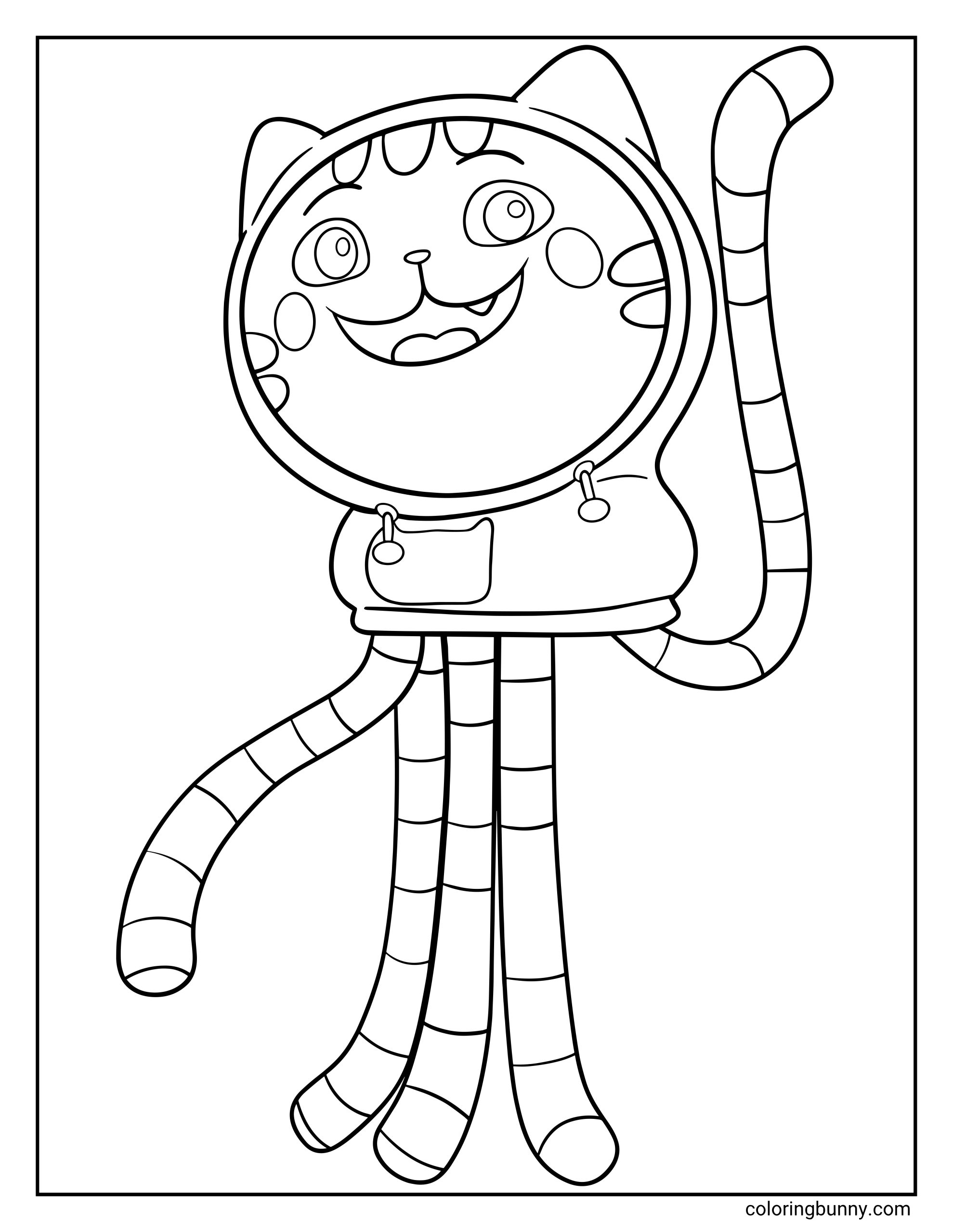 A coloring page of DJ Catnip from Gabby's Dollhouse standing happily, showing his round cat face with whiskers, a cozy hoodie with drawstrings, and a long striped tail.
