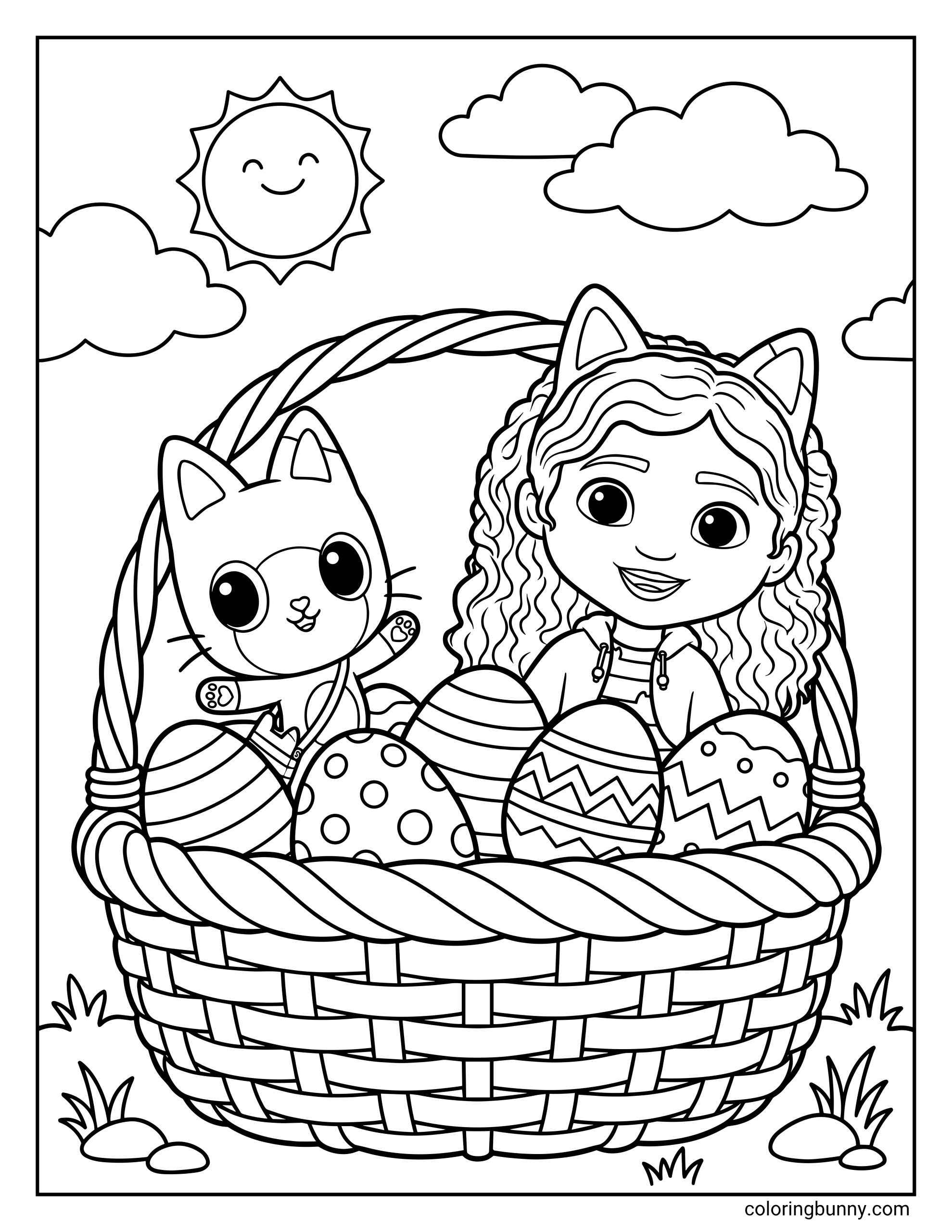 Easter coloring page of Gabby and Pandy Paws from Gabby’s Dollhouse sitting inside a large Easter basket filled with decorated eggs, with a smiling sun, fluffy clouds, grass, and a cheerful spring scene.