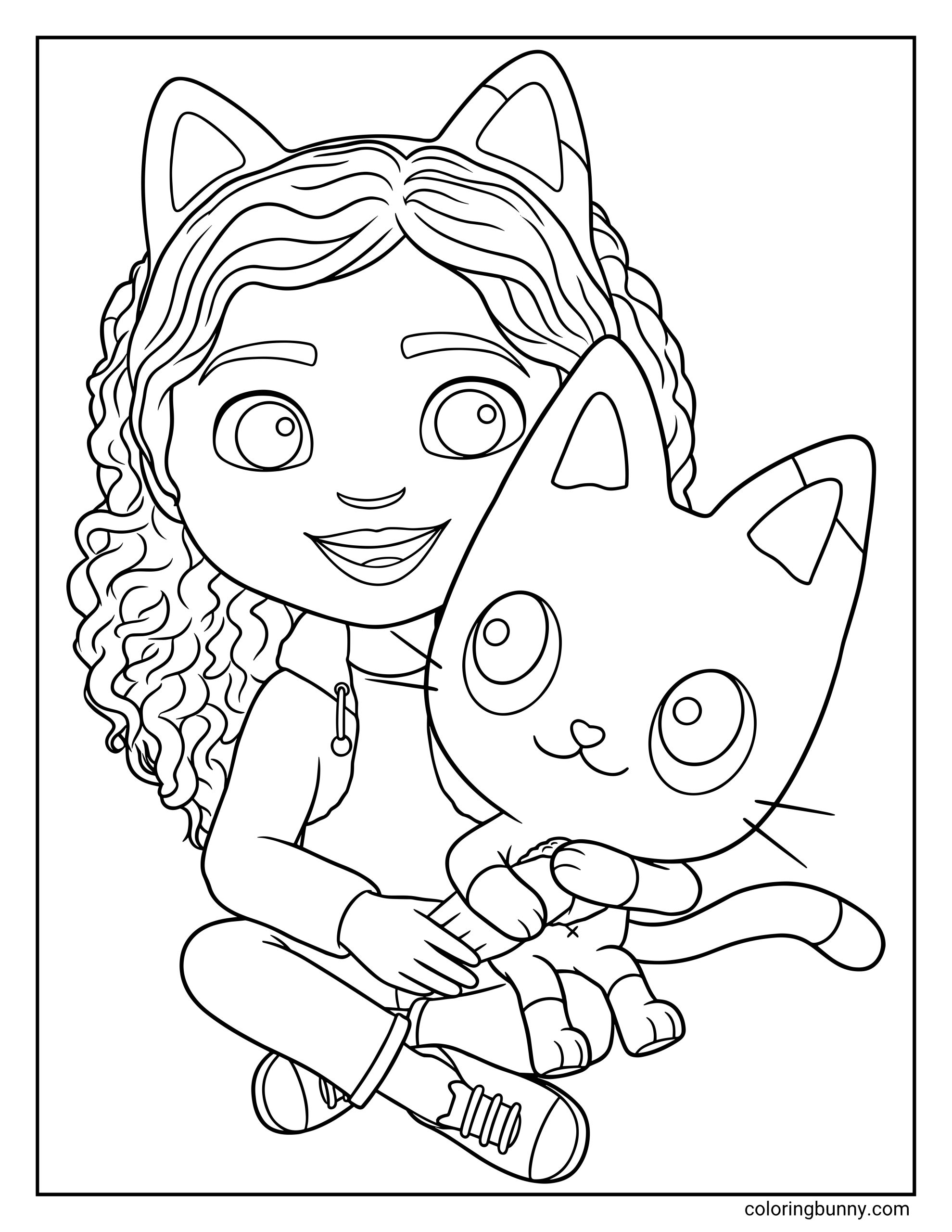 A kids coloring page of Gabby and Pandy Paws from Gabby’s Dollhouse sitting together in a friendly hug. Gabby’s curly hair frames her face, and Pandy Paws sits snugly in front with a small treat in his paws and a cheerful cartoon smile.