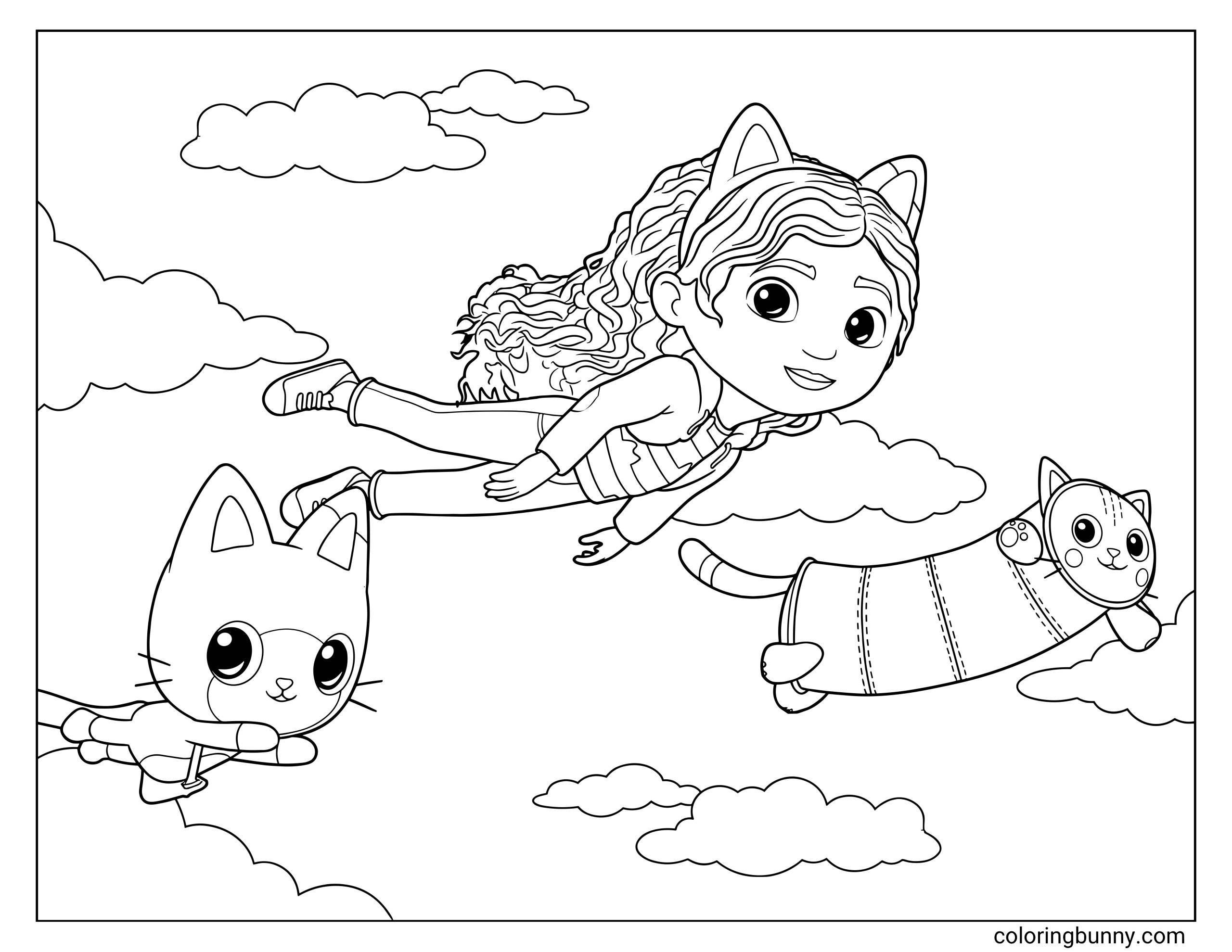 Gabby's Dollhouse coloring page of a magical flying scene, depicting Gabby, Pandy Paws, and Pillow Cat soaring horizontally through a cloudy sky.