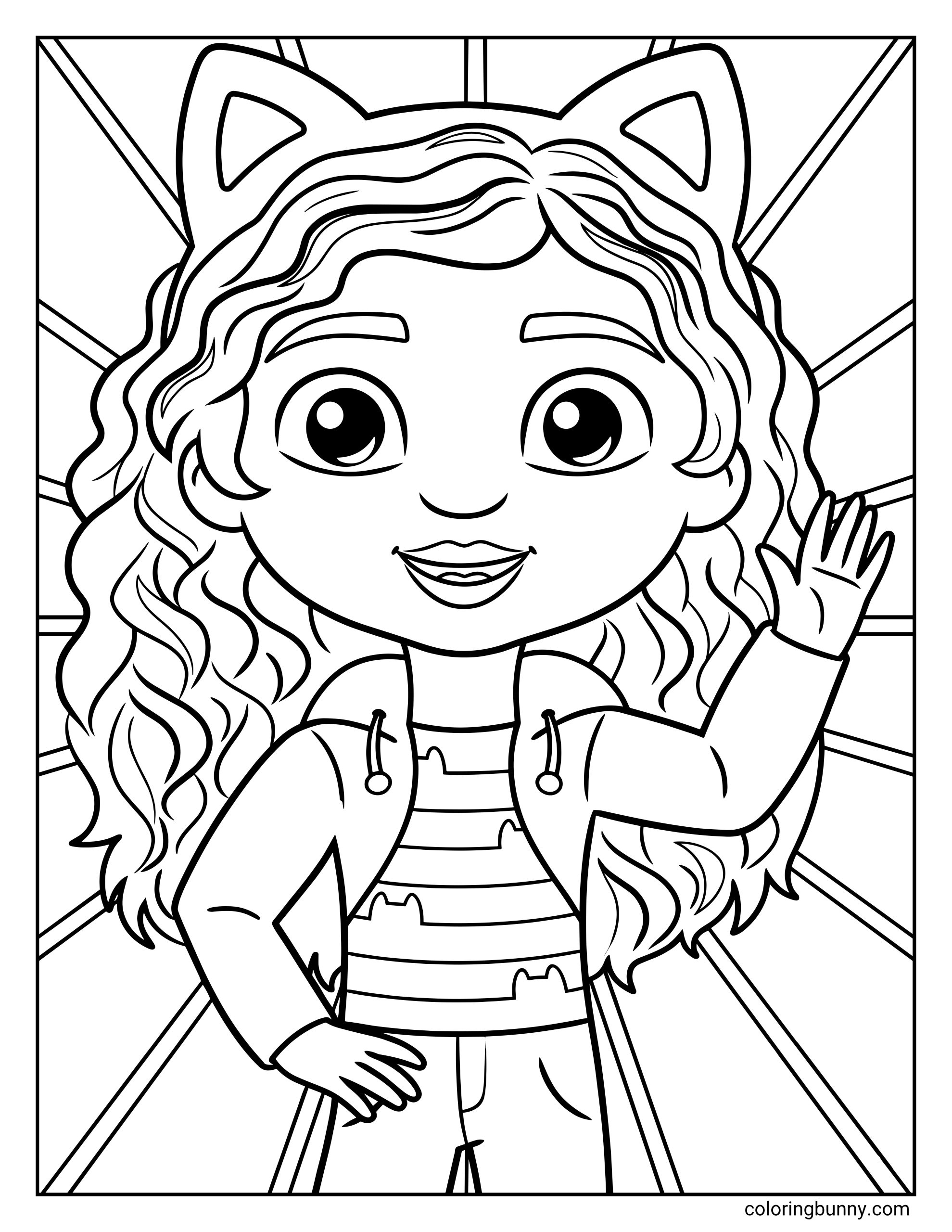 A coloring page of Gabby from Gabby’s Dollhouse shown up close, smiling and waving with one hand, wearing her cat-ear headband, hoodie, and striped shirt, with large expressive eyes and simple bold outlines.