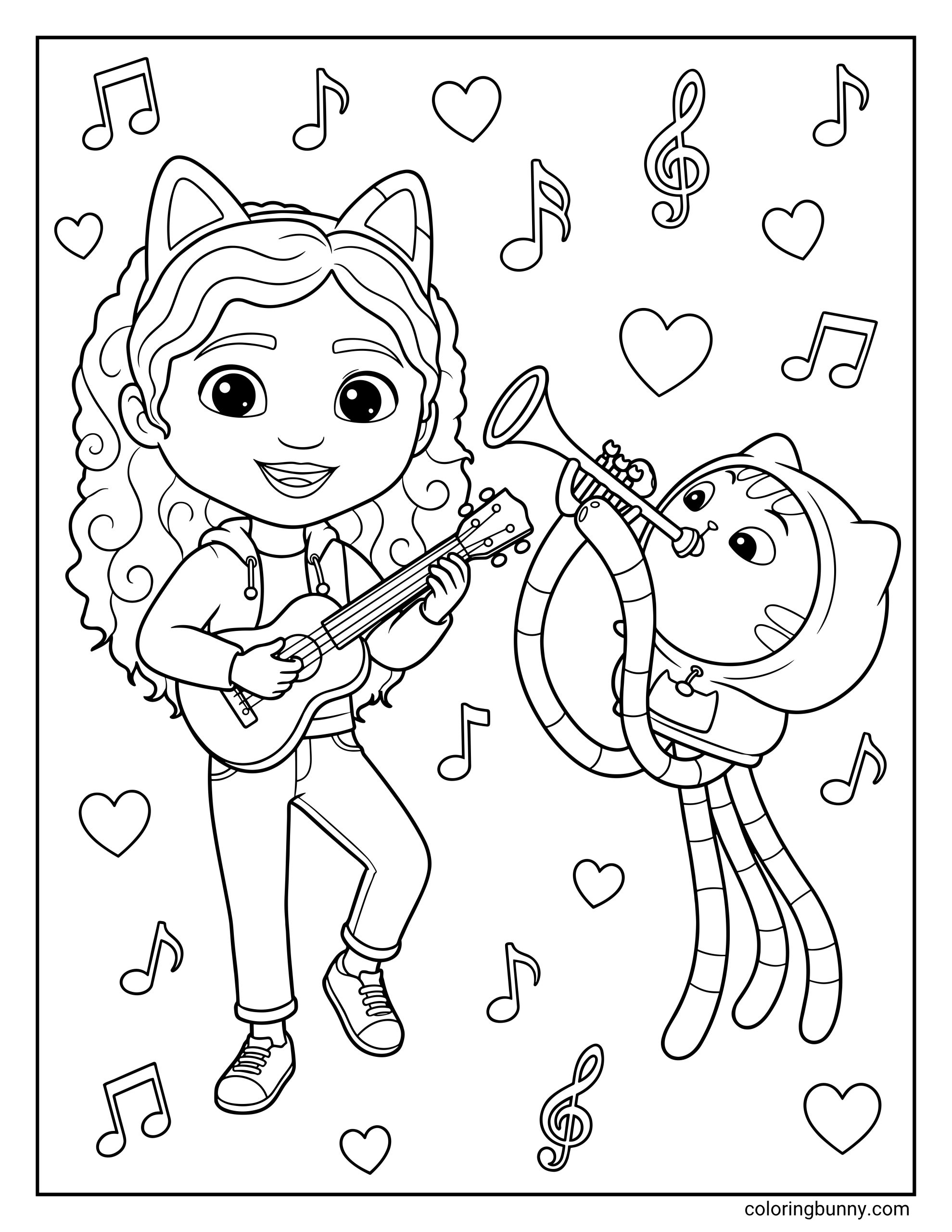 A coloring page of DJ Catnip from Gabby’s Dollhouse playing a trumpet while Gabby stands nearby with a guitar, both smiling in a cheerful music-themed coloring sheet.