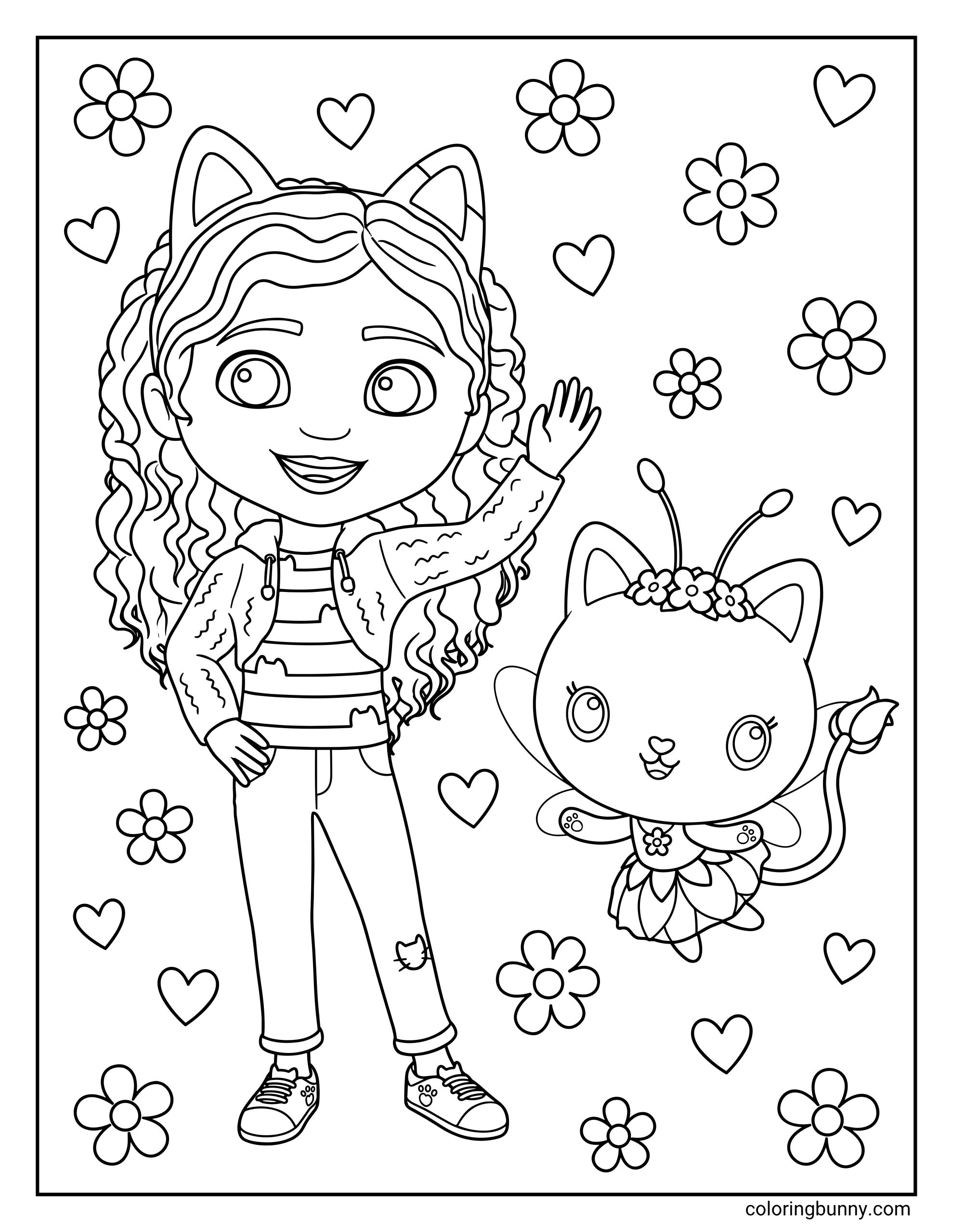 A coloring page of Gabby from Gabby’s Dollhouse standing beside Fairy Kitty, with Gabby waving happily and Fairy Kitty floating with wings, antennae, a flower crown, and a petal dress surrounded by hearts and flowers.
