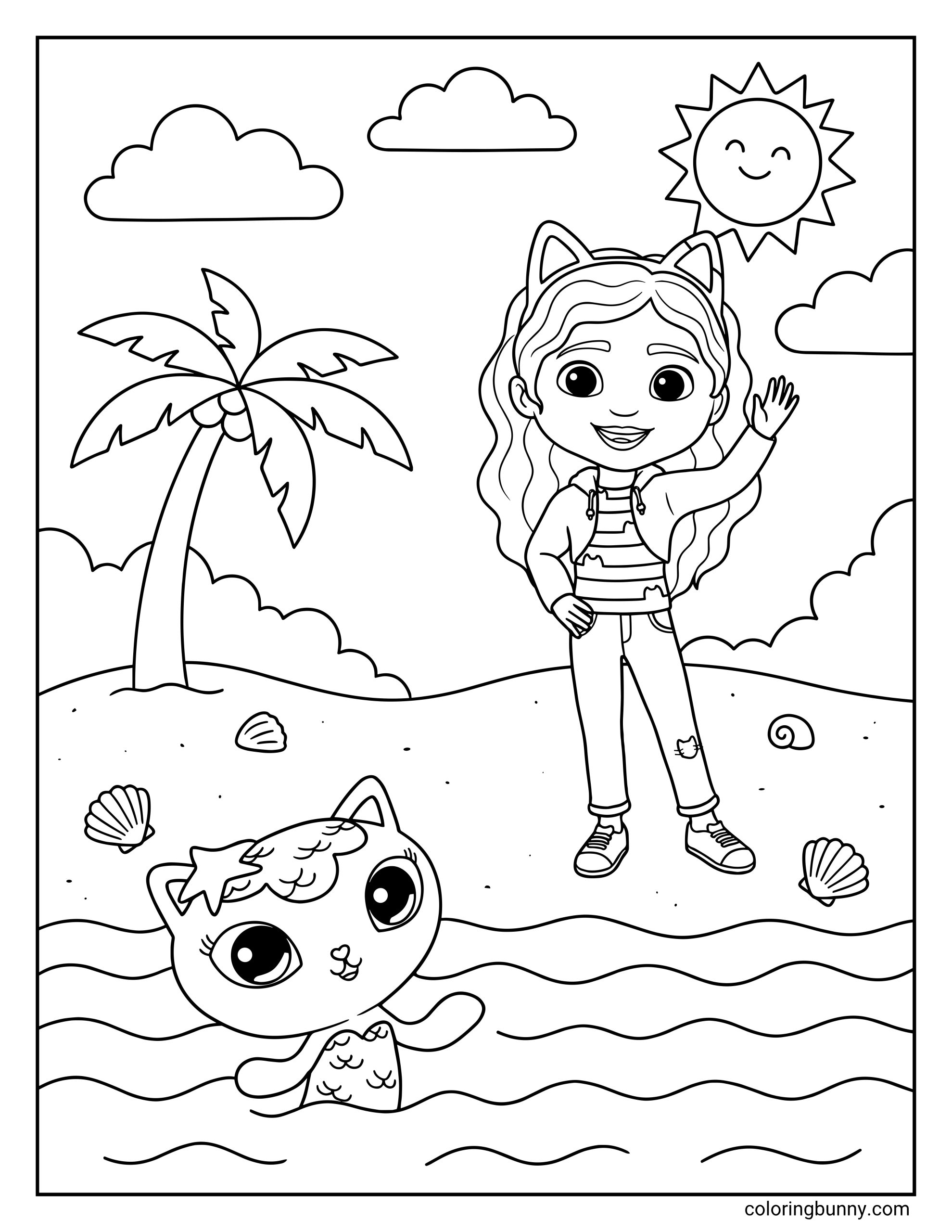A coloring page of Gabby from Gabby’s Dollhouse standing on a beach and waving while MerCat swims in the water, with a palm tree, smiling sun, clouds, and seashells