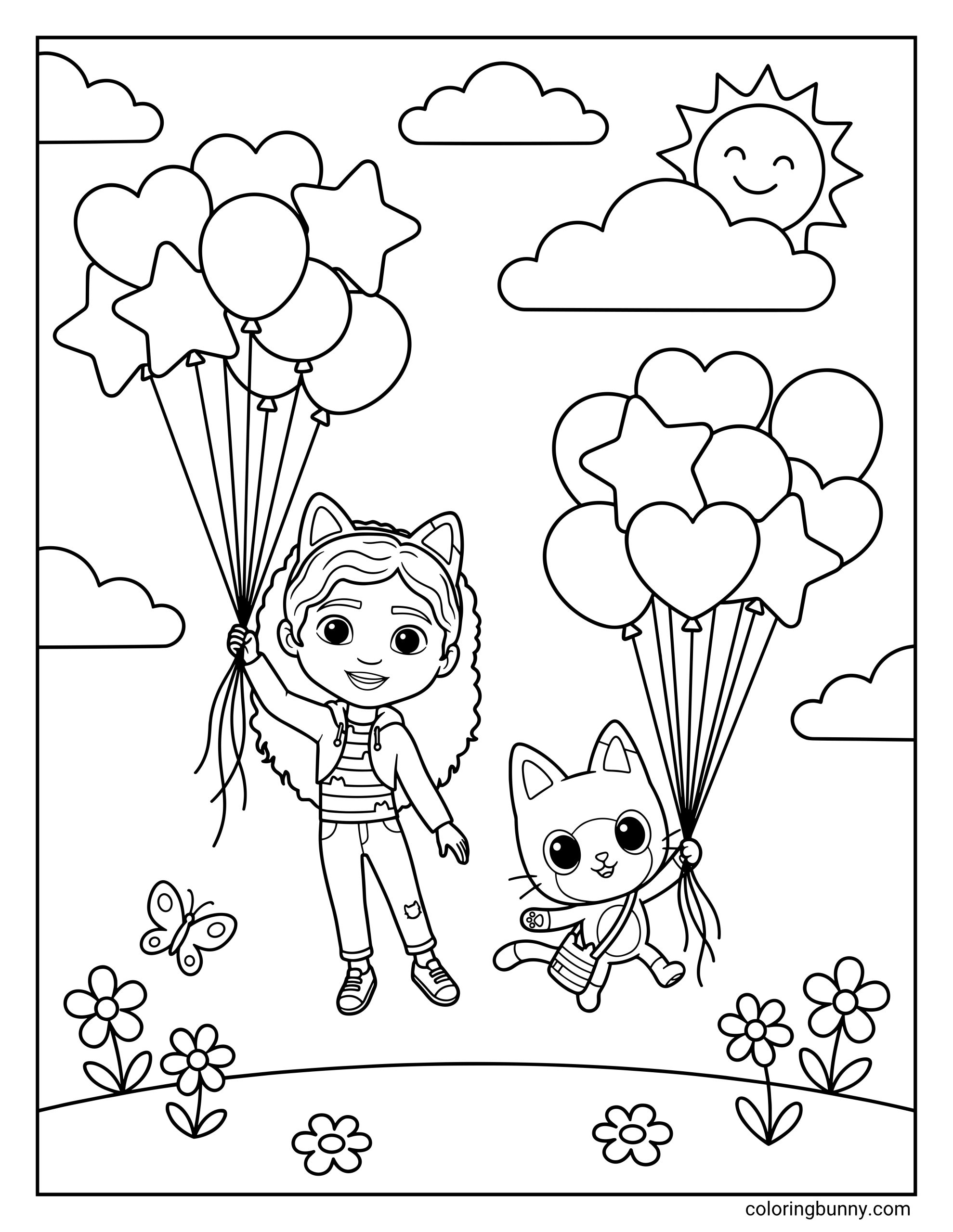 Gabby's Dollhouse Gabby and Pandy Paws Balloons coloring page with bold black outlines of Gabby in her cat ears and Pandy in his cross-body bag enjoying a beautiful balloon-filled afternoon.