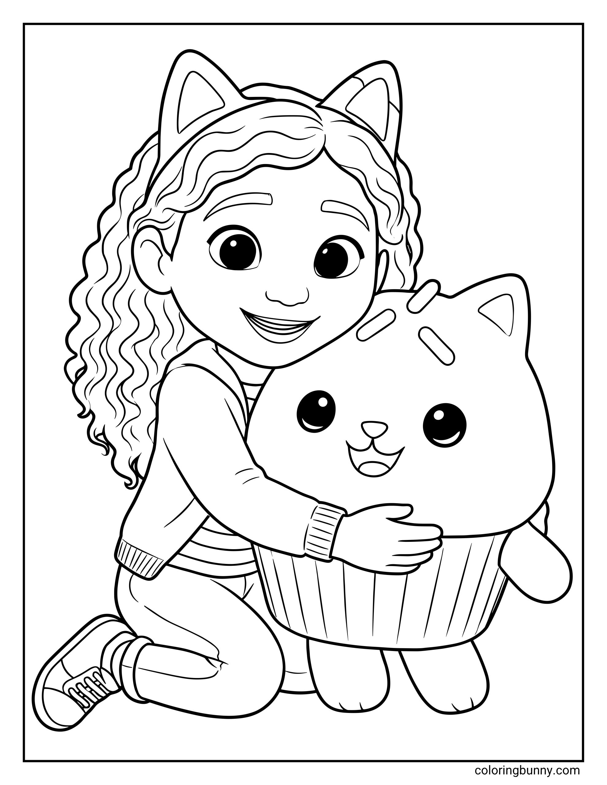 Gabby's Dollhouse coloring page of Gabby kneeling on the floor to give a large Cakey Cat a warm hug, featuring Gabby in her cat ear headband and Cakey with sprinkles on top.