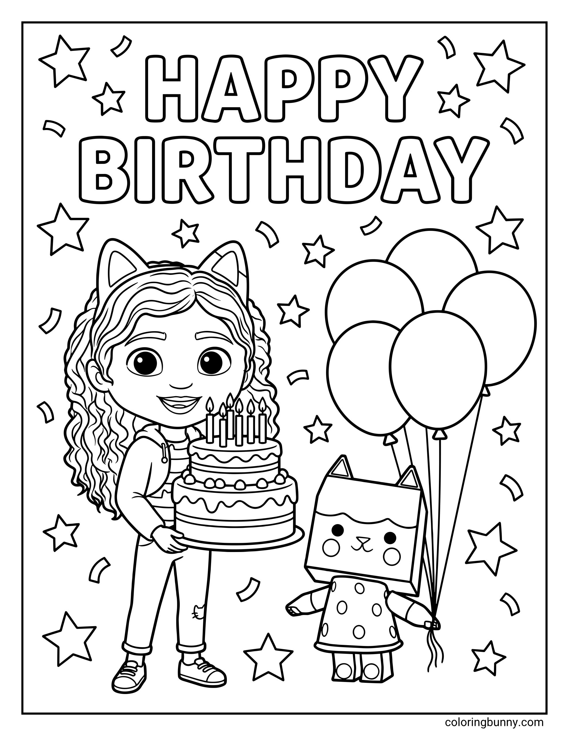 Gabby's Dollhouse Happy Birthday coloring page featuring Gabby holding a two-tiered cake with candles and Baby Box holding a bunch of balloons under a large greeting.