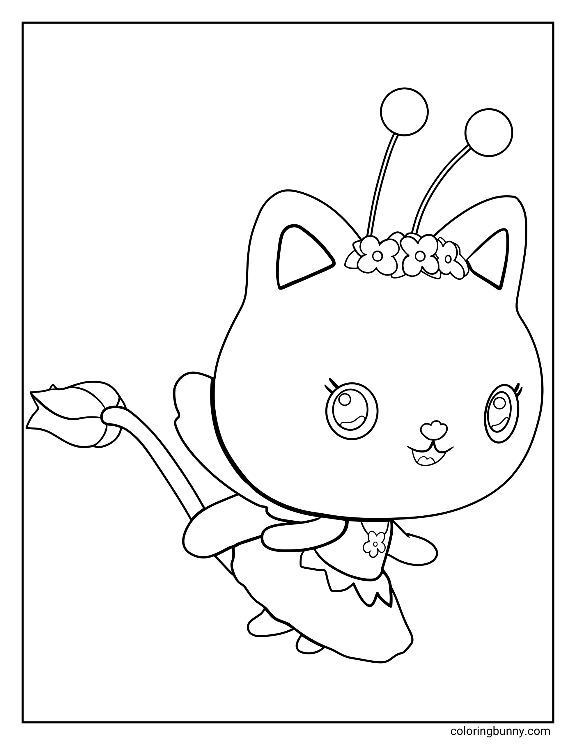 A simple coloring page of Kitty Fairy from Gabby’s Dollhouse, featuring the magical kitty with a flower crown, delicate fairy wings, and a flower bud tail.