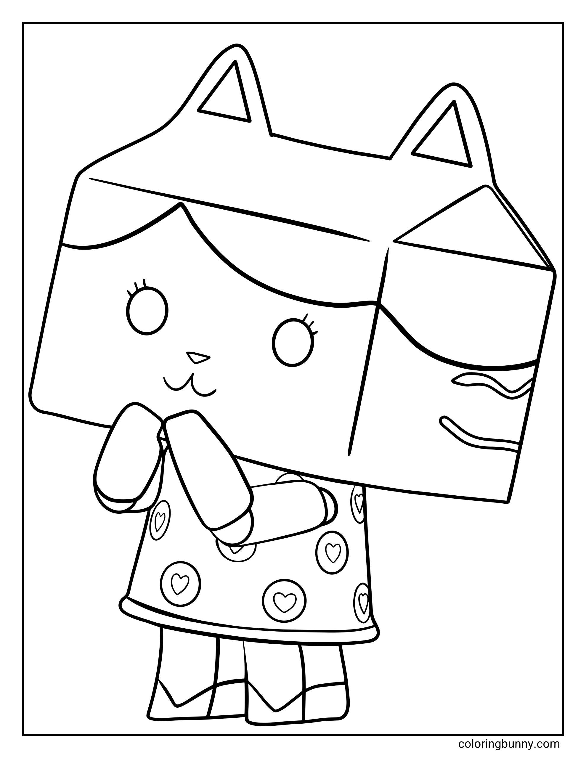 A coloring page of Mama Box from Gabby’s Dollhouse standing happily, showing her box-shaped face, clasped blocky hands, and cute eyelashes.