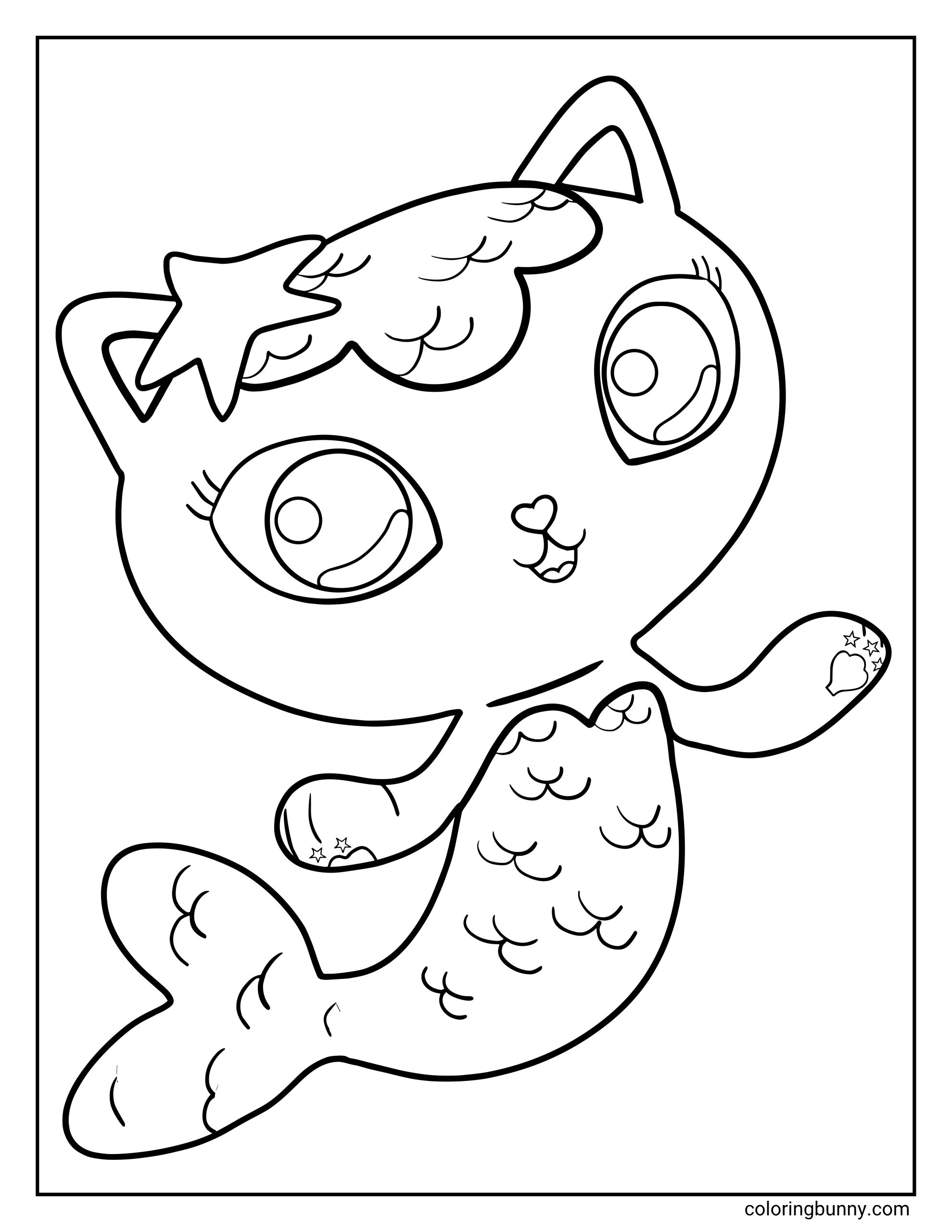 A simple coloring page of MerCat, the mermaid kitty from Gabby’s Dollhouse, with large shiny eyes, eyelashes, cat ears, a small smiling mouth, and a detailed tail with scale patterns and a wide fin.