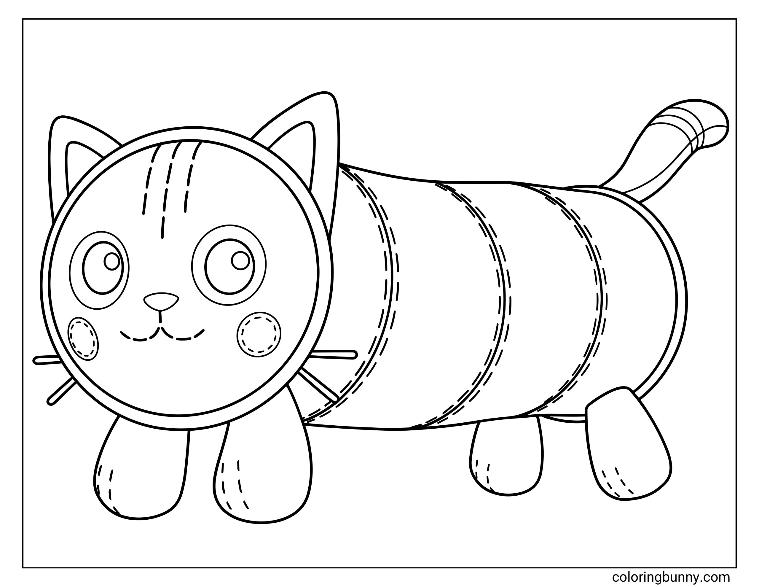 A simple coloring page of Pillow Cat from Gabby’s Dollhouse, featuring the cozy kitty with a cylindrical, segmented pillow body, stitched details, and a round face.