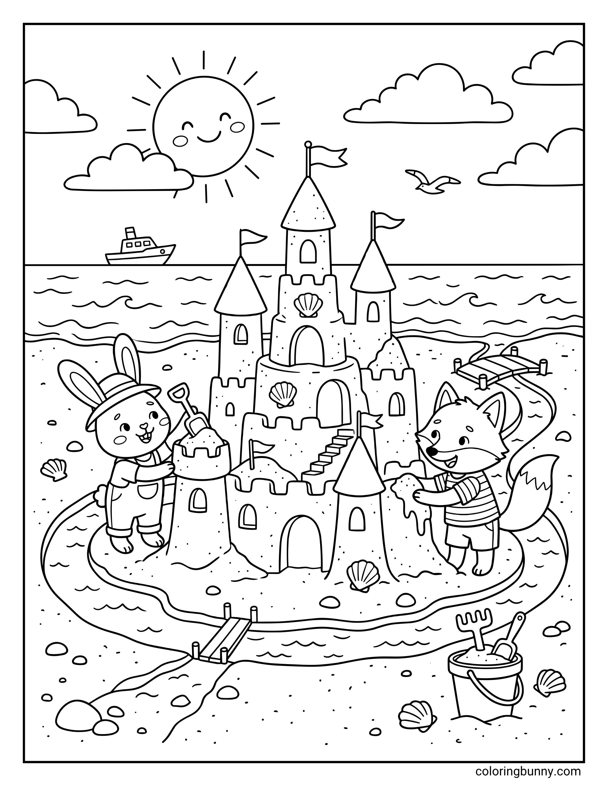 Detailed summer coloring page with a bunny and fox building an enormous sandcastle by the sea, with ocean waves, a smiling sun, clouds, a bird, a sailboat, shells, and beach toys.
