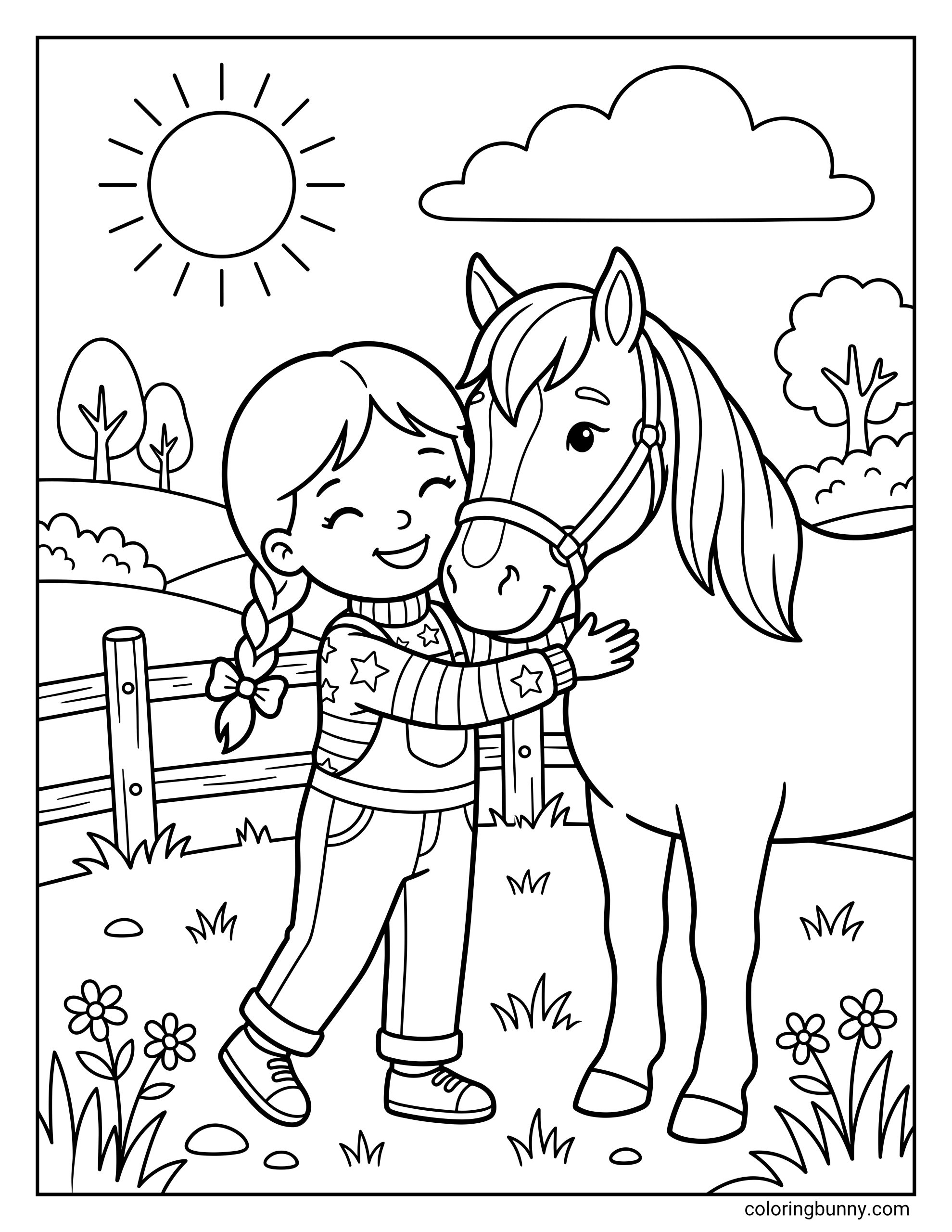 A coloring page of a happy child hugging a gentle horse, standing in a grassy countryside scene with flowers, a wooden fence, trees, and a sunny sky.