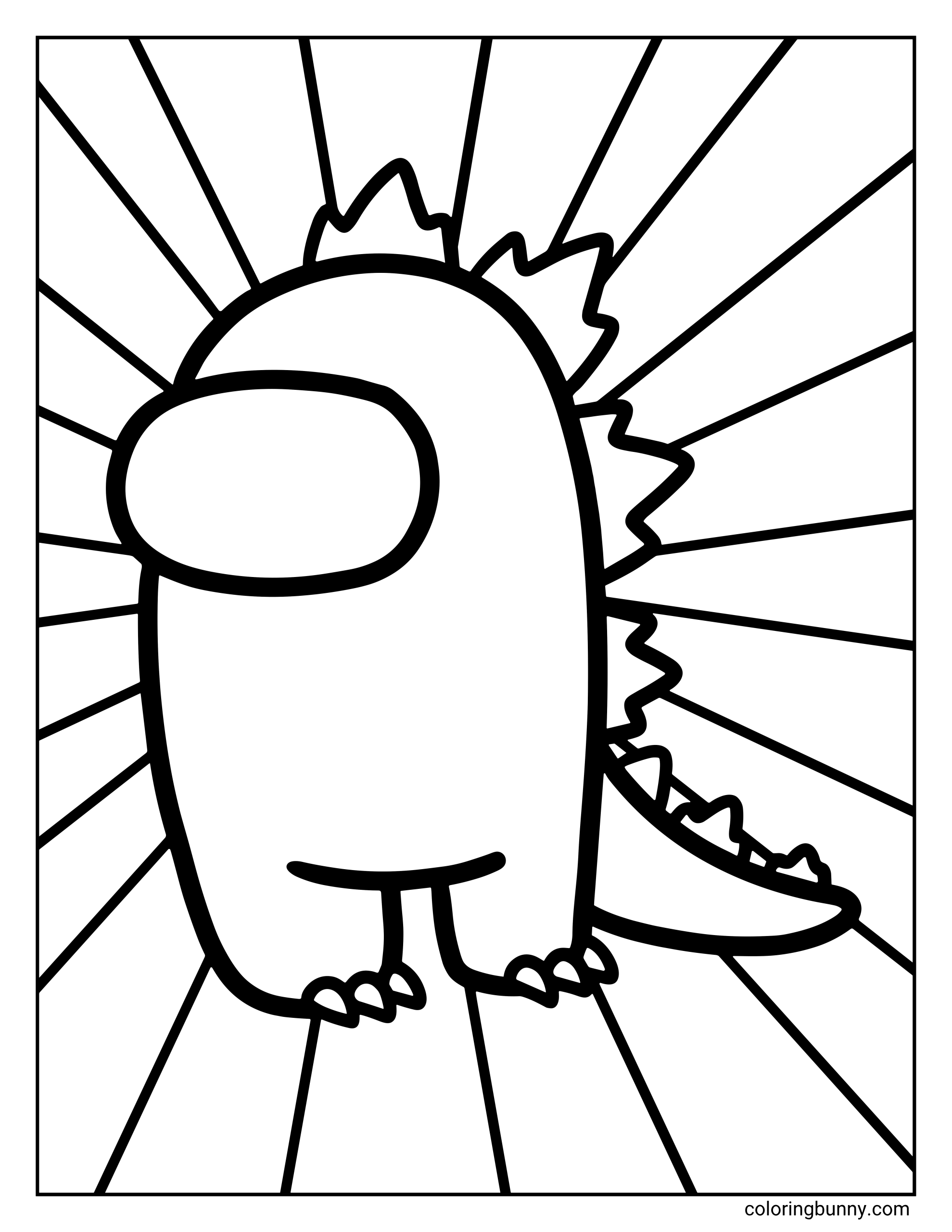 A simple coloring page of an Among Us crewmate wearing a Godzilla skin with dorsal fins and a tail. The design features a radiating sun beam background from the center.