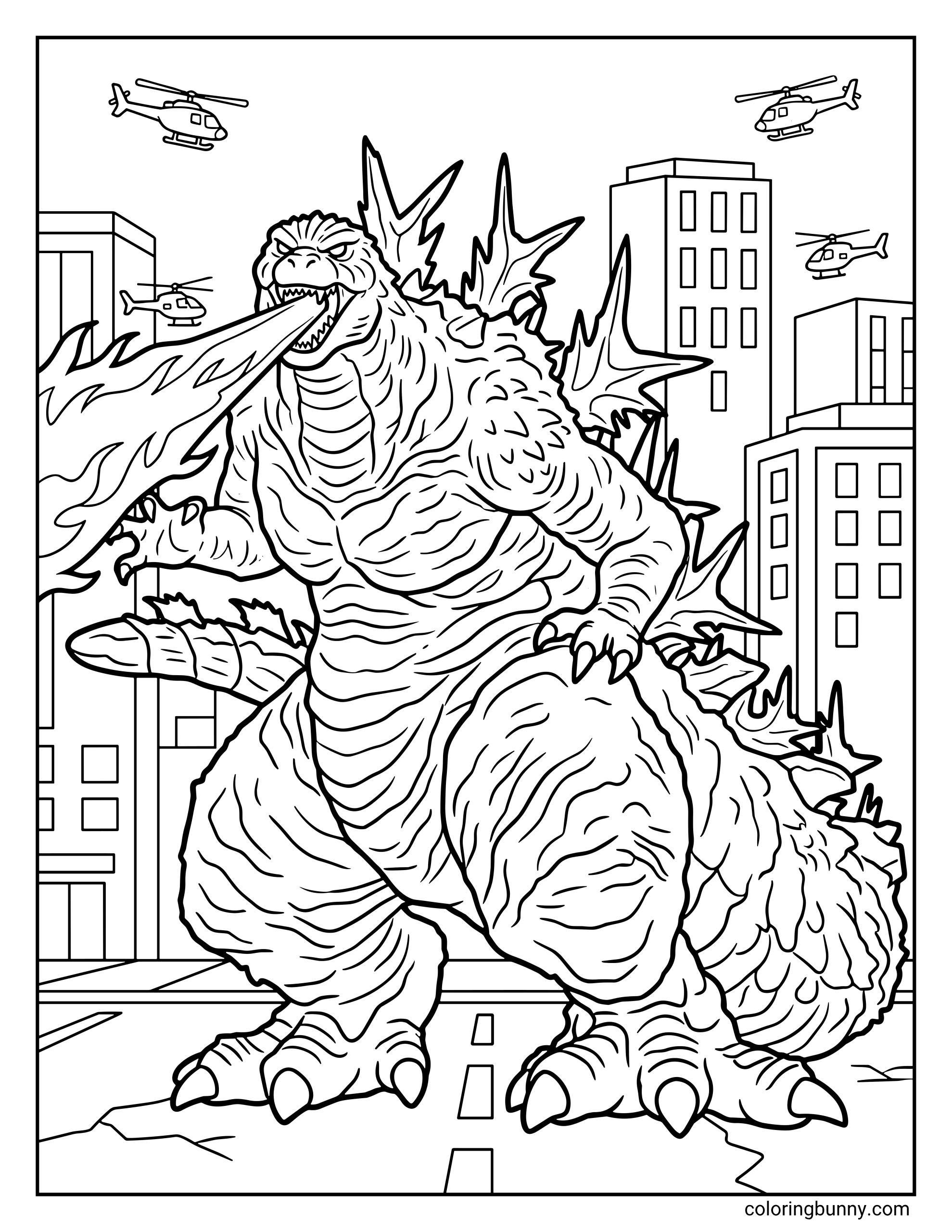 A coloring page featuring Godzilla stomping through a city and breathing fire while helicopters fly overhead. Godzilla is shown towering over skyscrapers and cracked pavement.