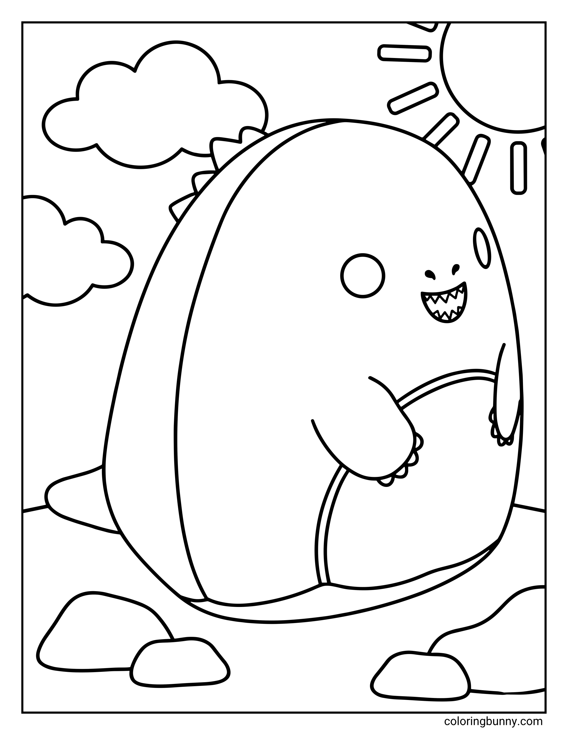 A Godzilla coloring page featuring a round, soft "Squishmallow" version of the monster. This simple design shows him smiling in a sunny outdoor setting with clouds and rocks.