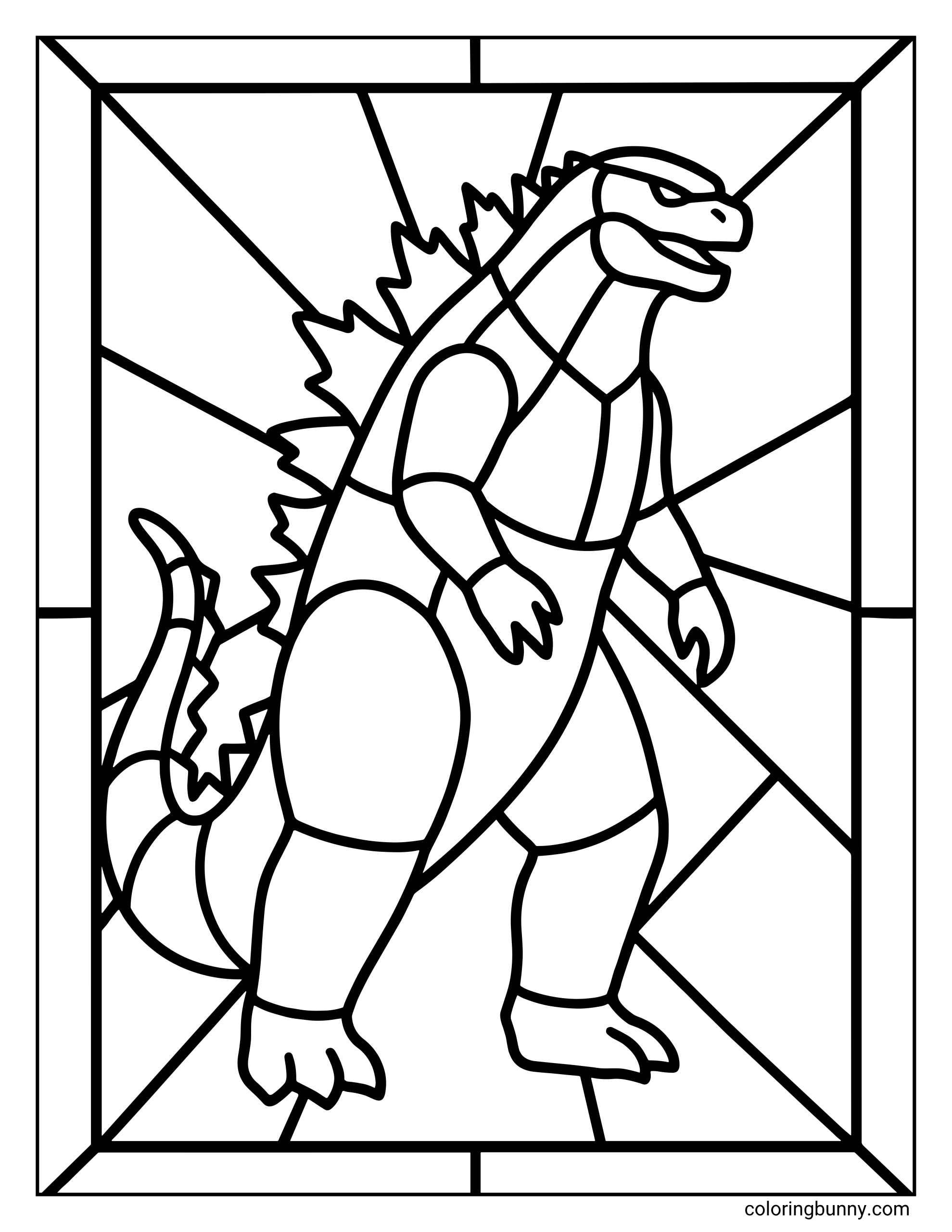 A Godzilla coloring page designed like a stained glass window with bold, geometric sections. This design features the monster in a classic pose with lines radiating from behind him.