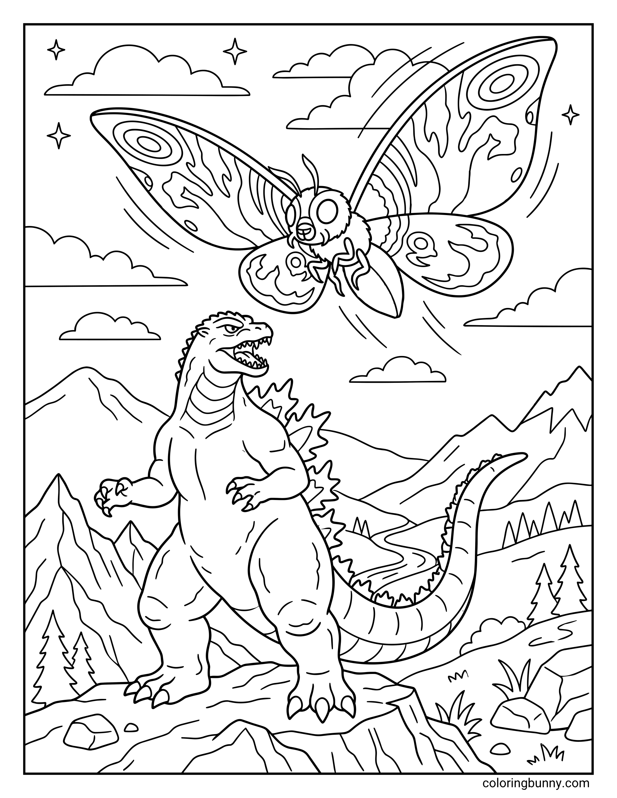 A coloring page featuring Godzilla looking up at the giant protector, Mothra, as she flies overhead. This design shows Mothra’s large, patterned wings and a scenic mountain river in the background.