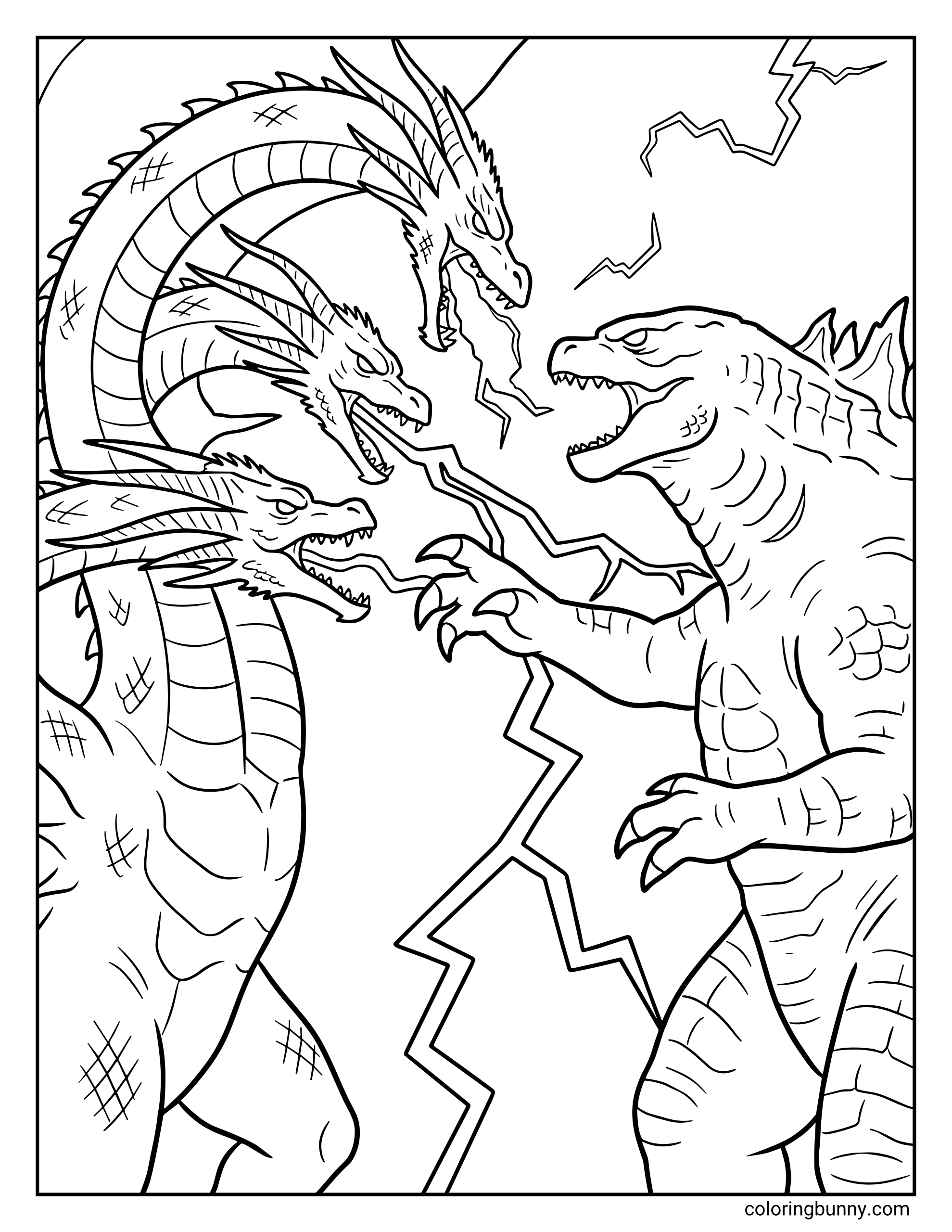 A Godzilla vs King Ghidorah coloring page featuring an epic showdown. This action-packed page shows the two titans facing off amidst bolts of lightning and soaring energy.