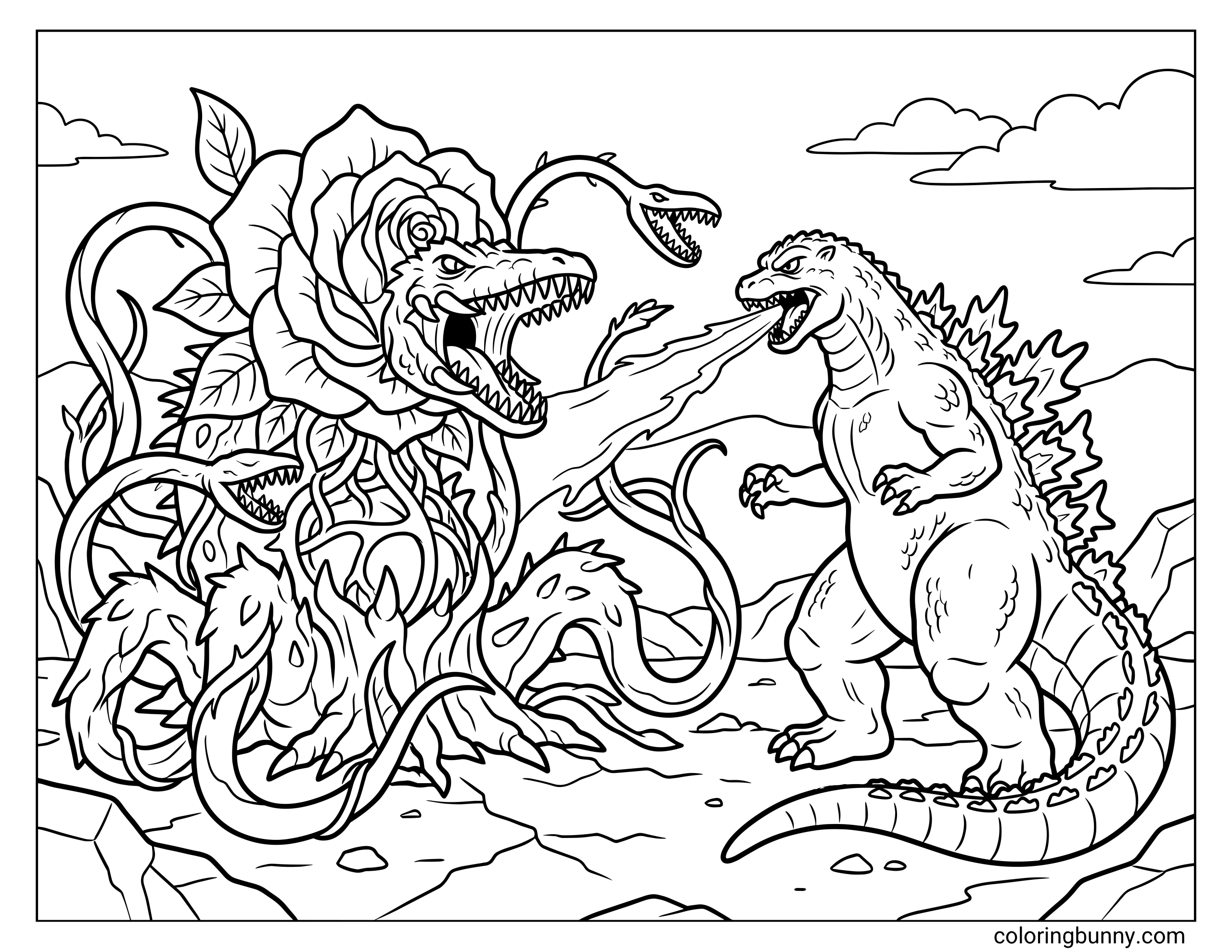 A Godzilla vs Biollante coloring page featuring Godzilla using his atomic breath against the massive plant-like monster, Biollante. This detailed design shows Biollante’s rose-like head, venus flytrap mouths, and tangled vines.