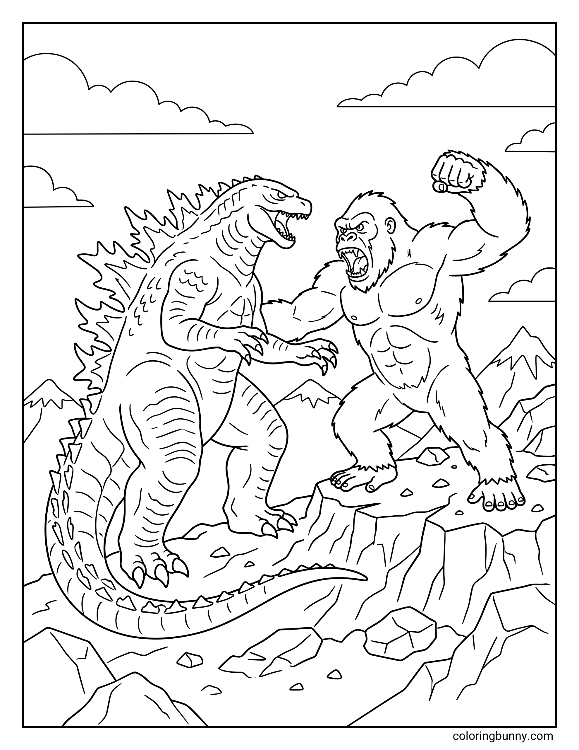 A Godzilla vs Kong coloring page showing them facing off on a rocky mountain ridge. This action-packed page features the two monsters growling at each other with a background of jagged peaks and clouds.