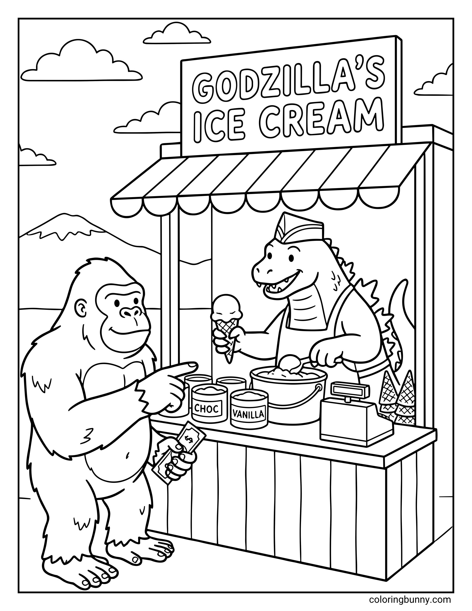 A coloring page featuring Godzilla working at an ice cream stand called "Godzilla's Ice Cream" while King Kong orders a cone. Godzilla is wearing a server's hat and apron.