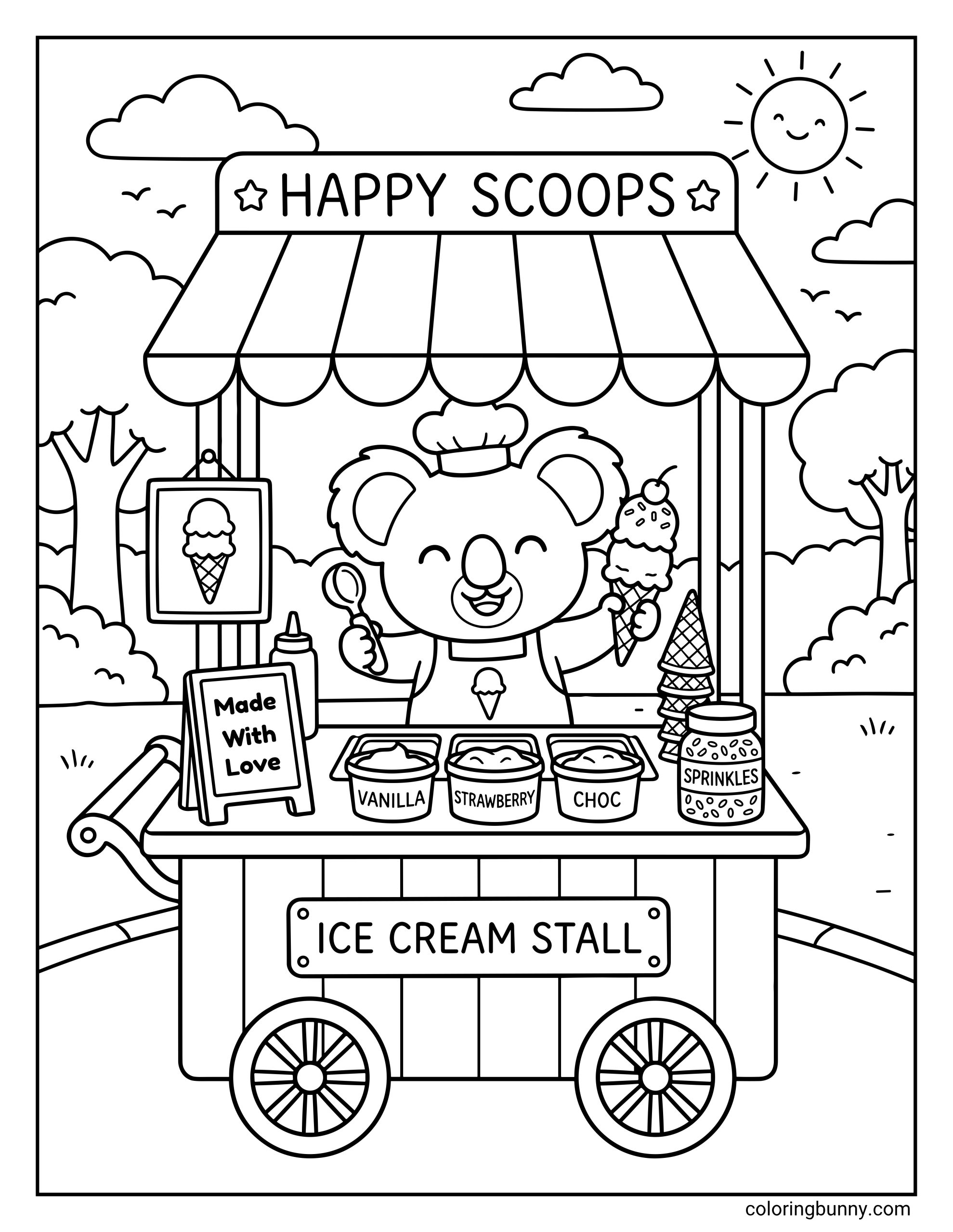 A cute summer coloring page showing a koala running an ice cream stall with cones, flavor tubs, a sprinkles jar, signs, trees, clouds, and sunshine.