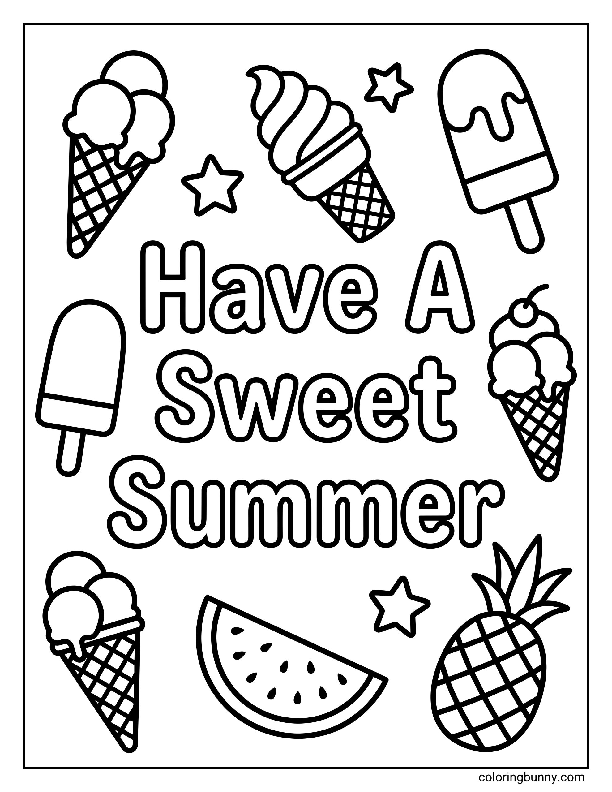 Simple summer coloring page featuring “Have A Sweet Summer” in large letters with ice cream cones, popsicles, a watermelon slice, a pineapple, and stars around the text.