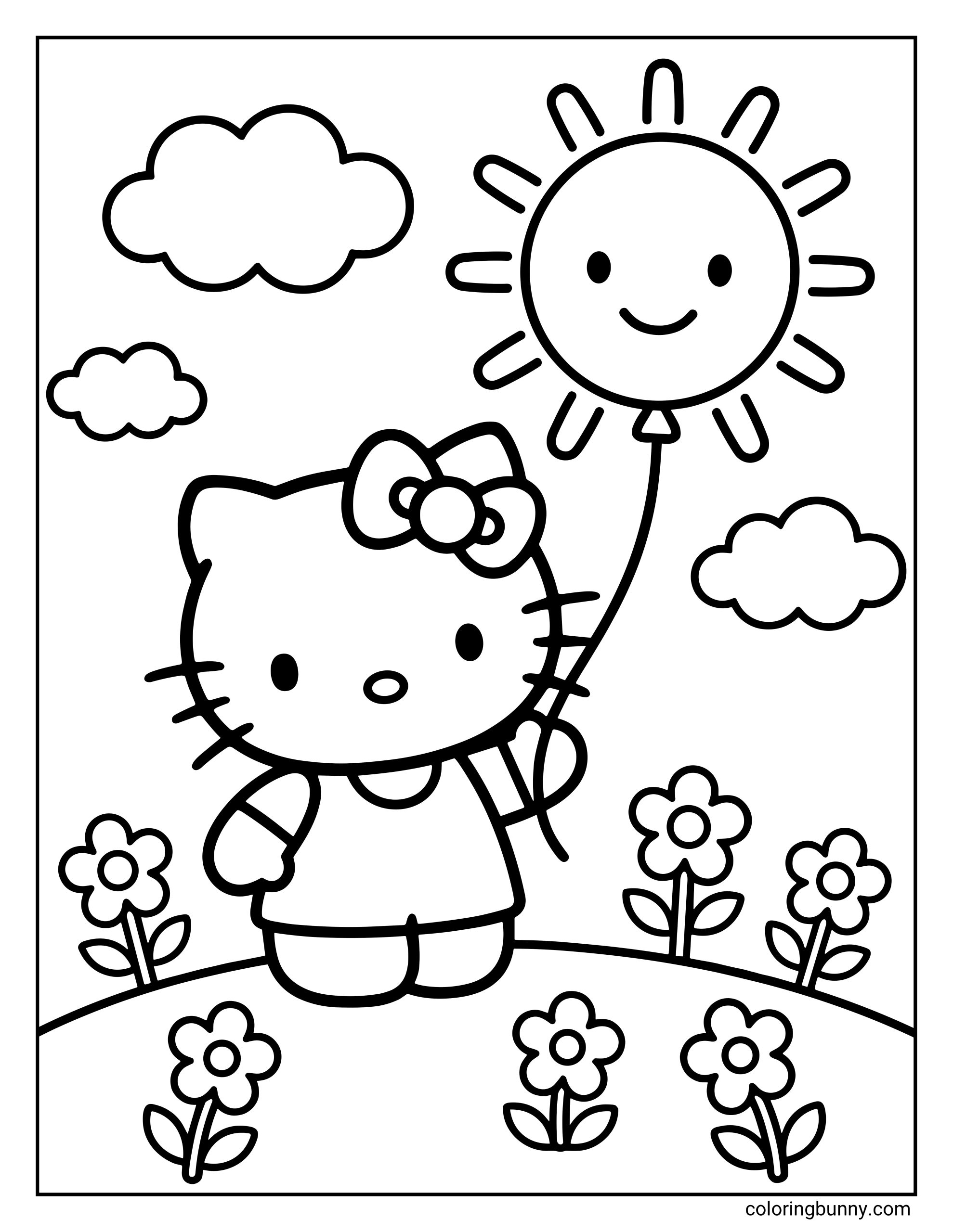 A simple summer coloring page featuring Hello Kitty standing in a flower garden while holding a large, smiling sun-shaped balloon.