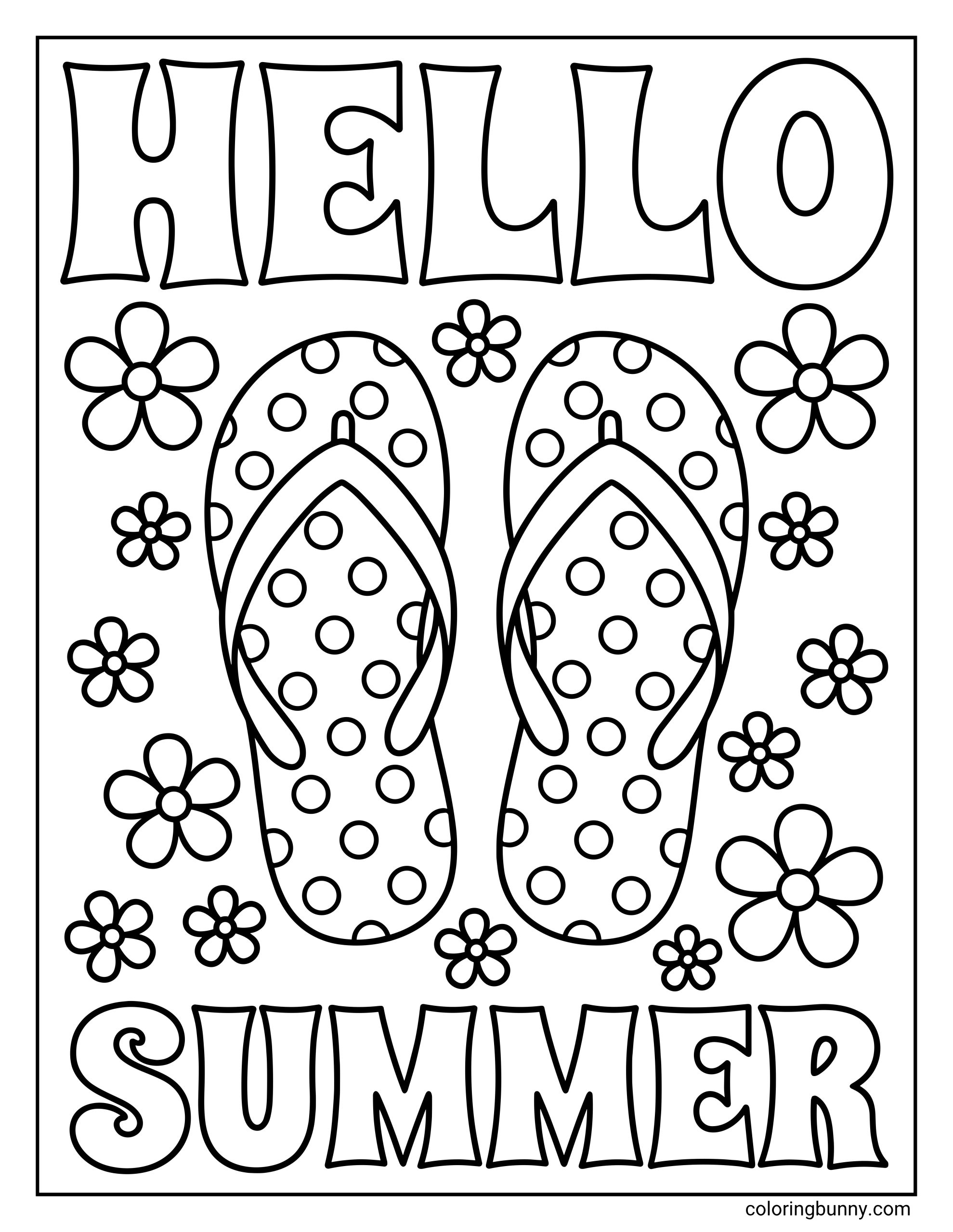 Kids summer coloring page showing two flip-flops with dot patterns, framed by simple flowers and the words “HELLO SUMMER.”