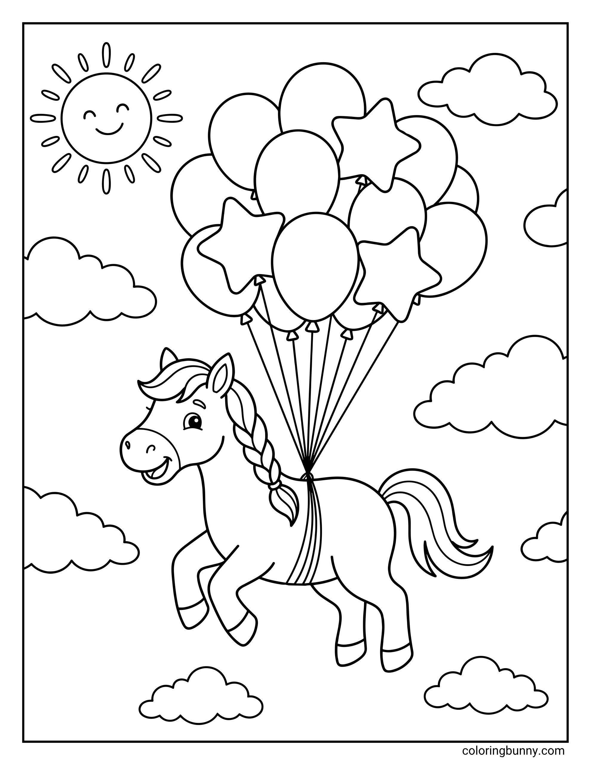 Horse coloring page of a happy horse flying with round and star-shaped balloons, with a cute braided mane, fluffy clouds, and a bright sunny sky scene.