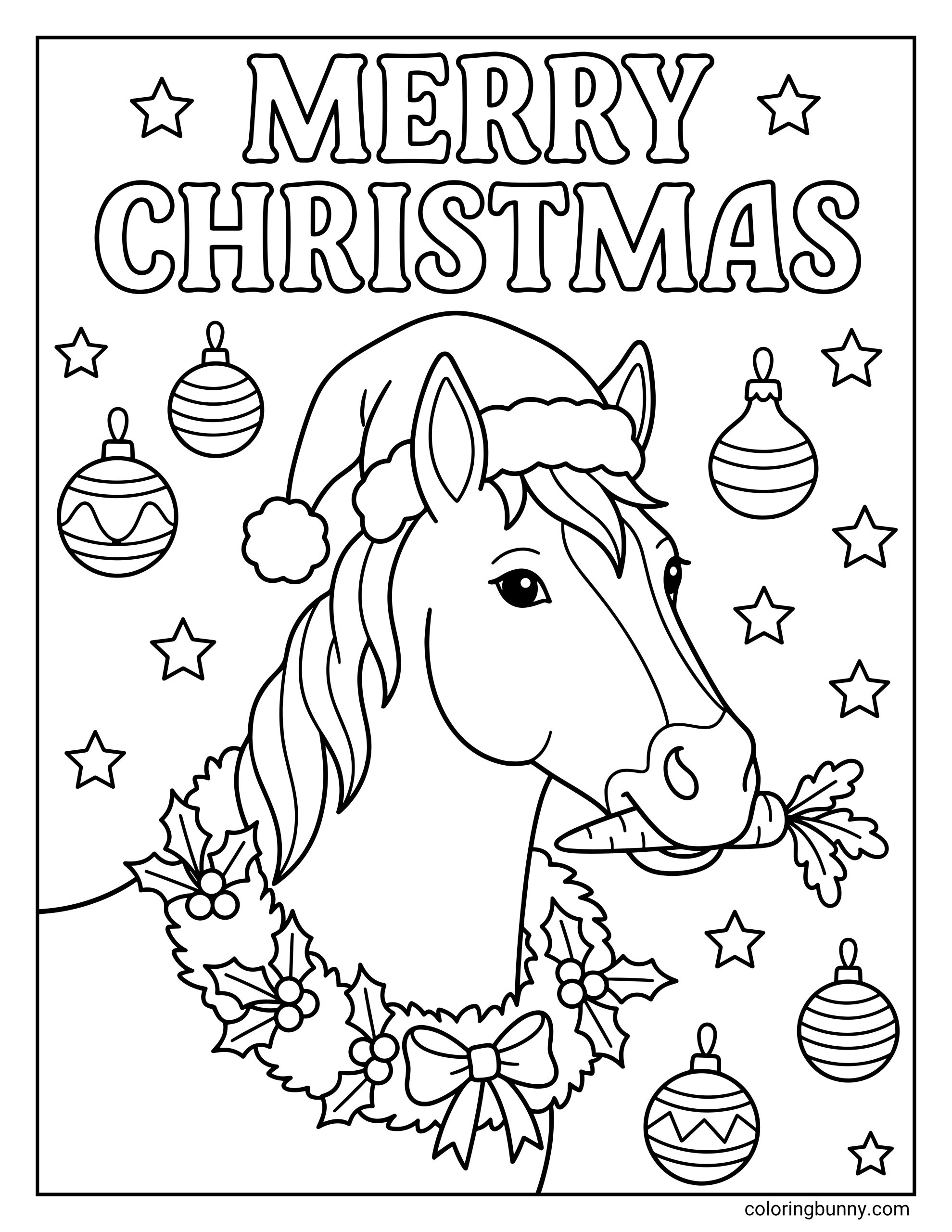 Horse Christmas coloring page featuring a horse wearing a Santa hat and a holly wreath, holding a carrot in its mouth under a large Merry Christmas greeting.