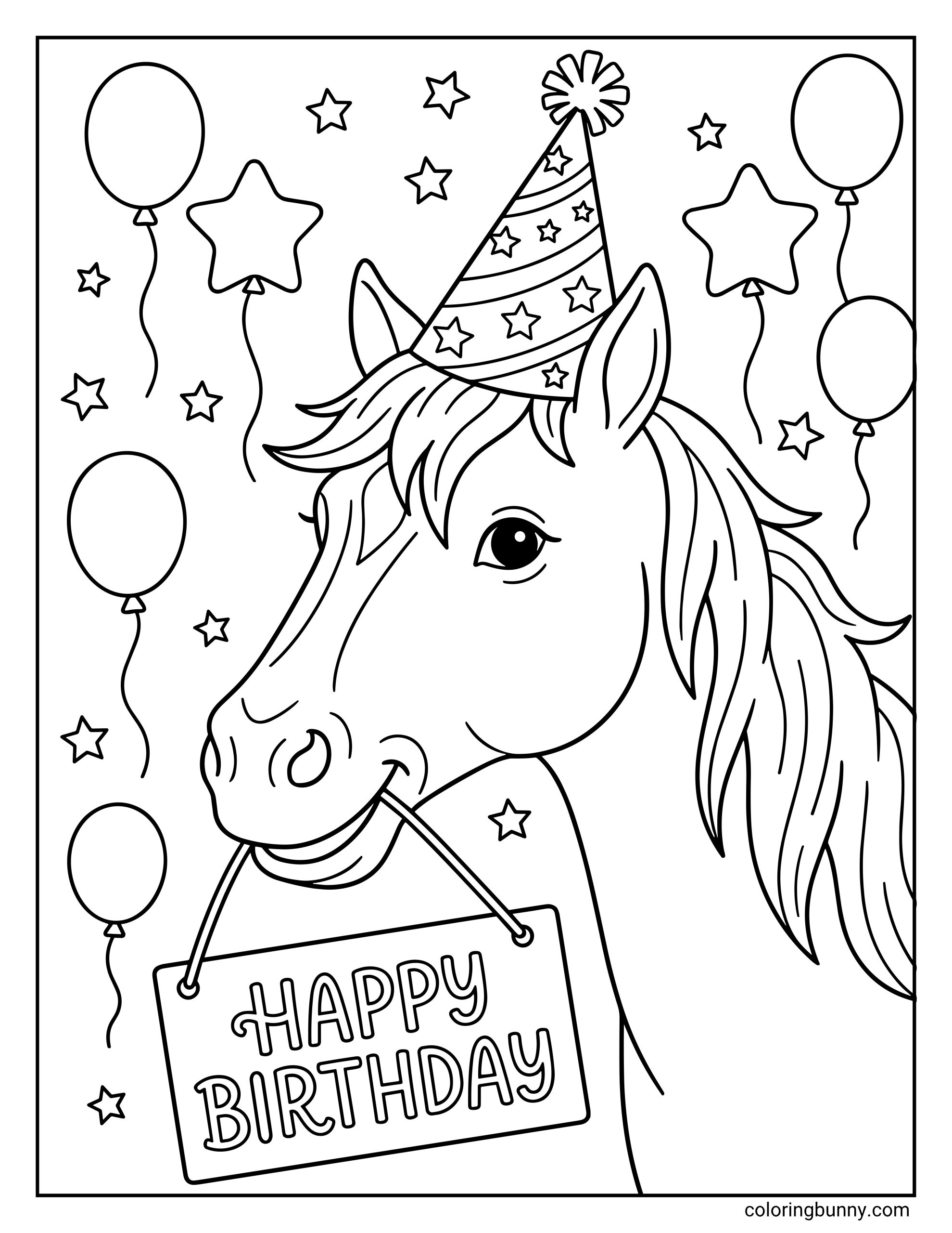 Horse Birthday coloring page showing a cheerful horse with a party hat holding a Happy Birthday sign, with floating balloons and star decorations around.