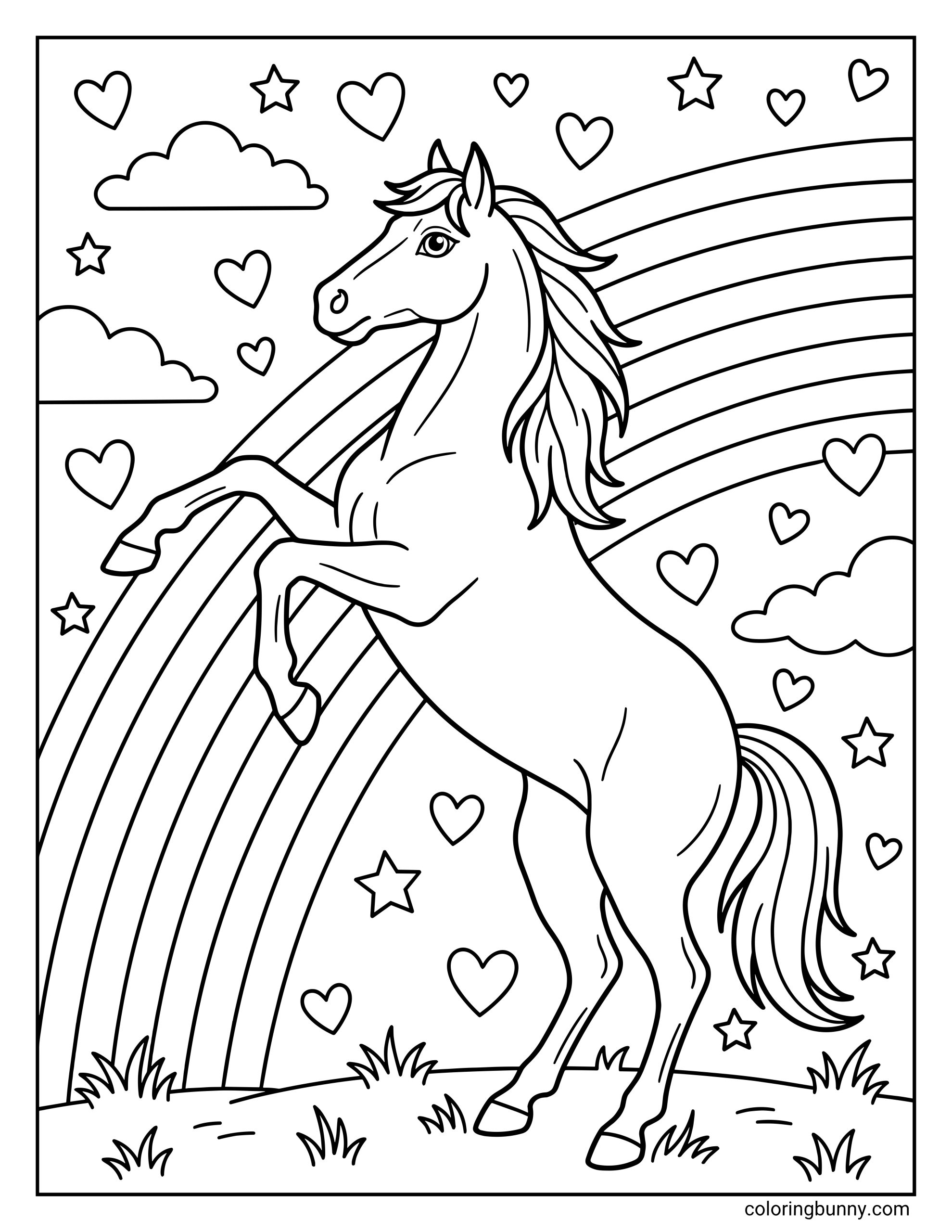 Coloring page of a horse rearing proudly in front of a rainbow, with hearts, stars, clouds, and simple outdoor details for a bright coloring activity.