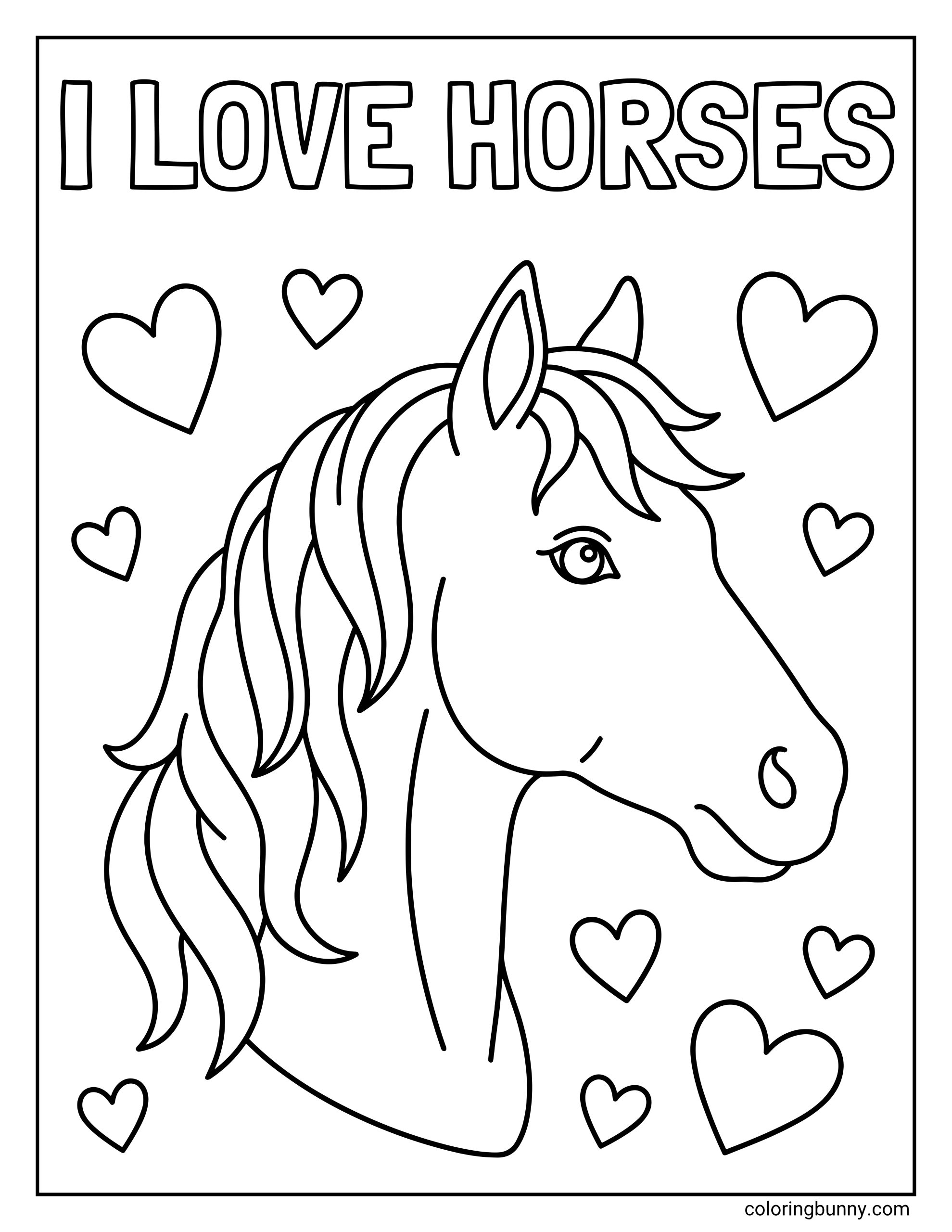 Horse coloring page of a friendly horse portrait with long wavy hair, a sweet expression, and hearts scattered around the page beneath the “I Love Horses” title.