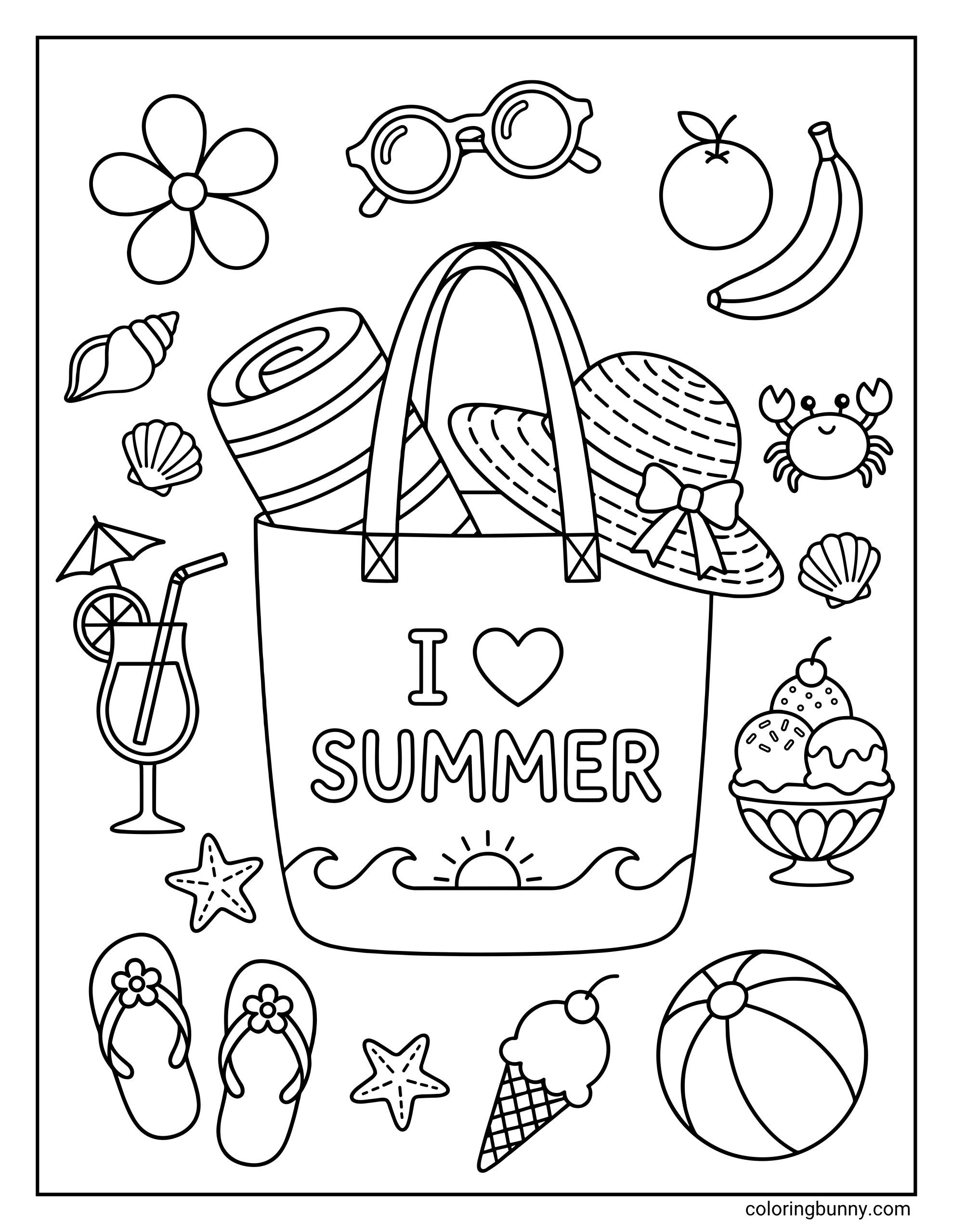 A summer coloring page featuring a large tote bag with the words “I Love Summer,” stuffed with beach items like a towel and hat, with fun summer doodles all around including flip-flops, a beach ball, shells, fruit, a drink, and ice cream.