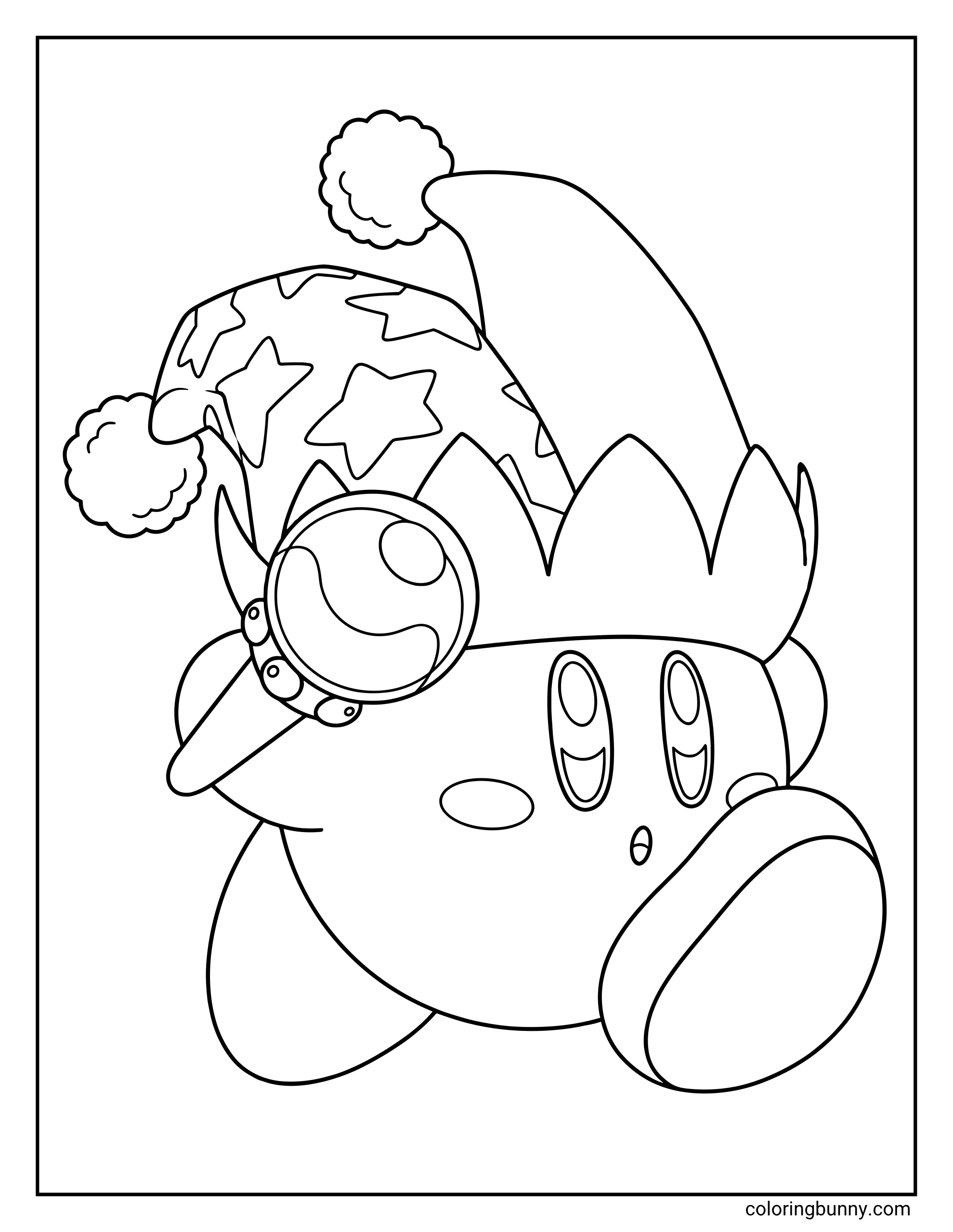 coloring page of Beam Kirby dressed in a jester hat with star patterns and a round jingle bell accessory by the face.