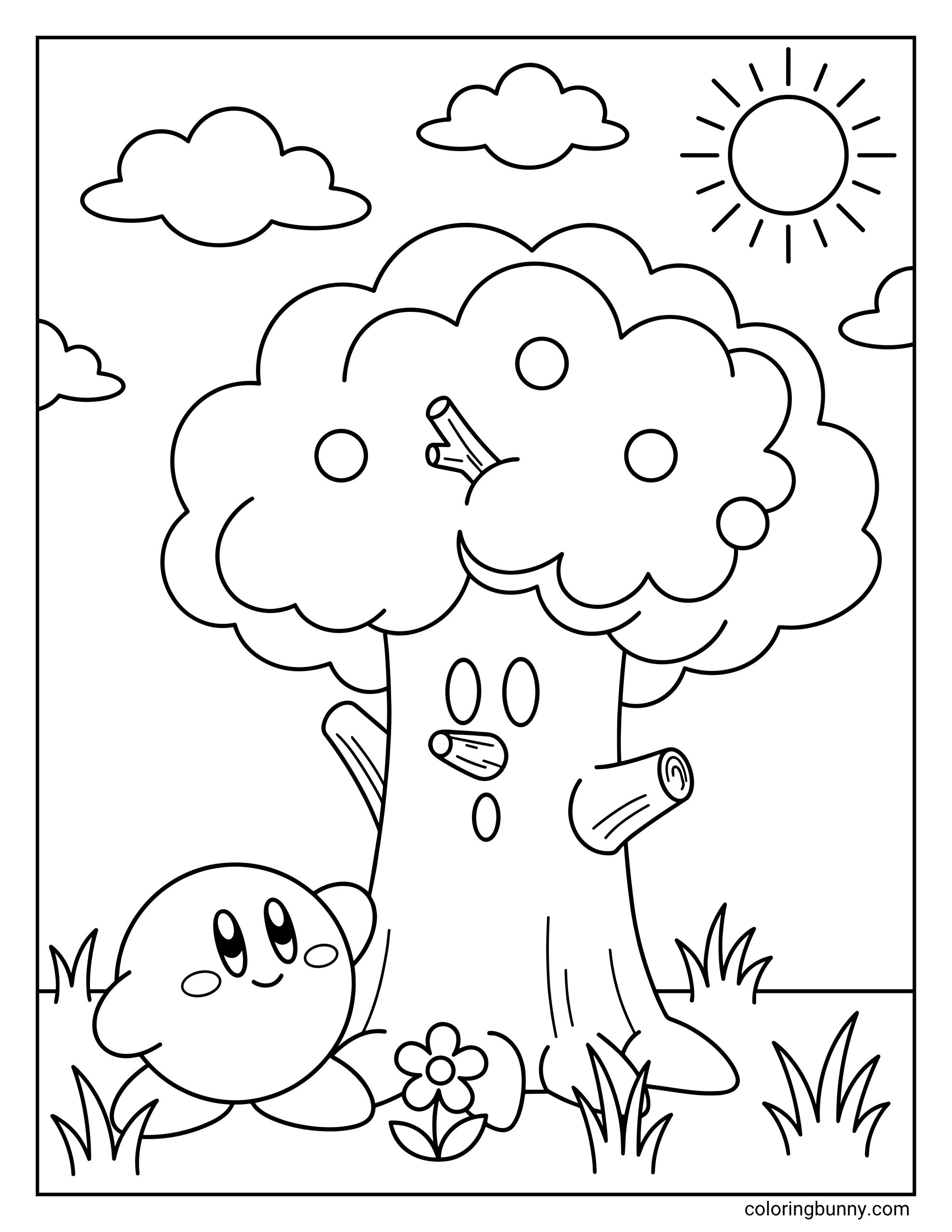Kirby Whispy Woods coloring page featuring a smiling Kirby waving next to the large tree boss Whispy Woods, with apples in its branches, a flower, fluffy clouds, and a bright sun.