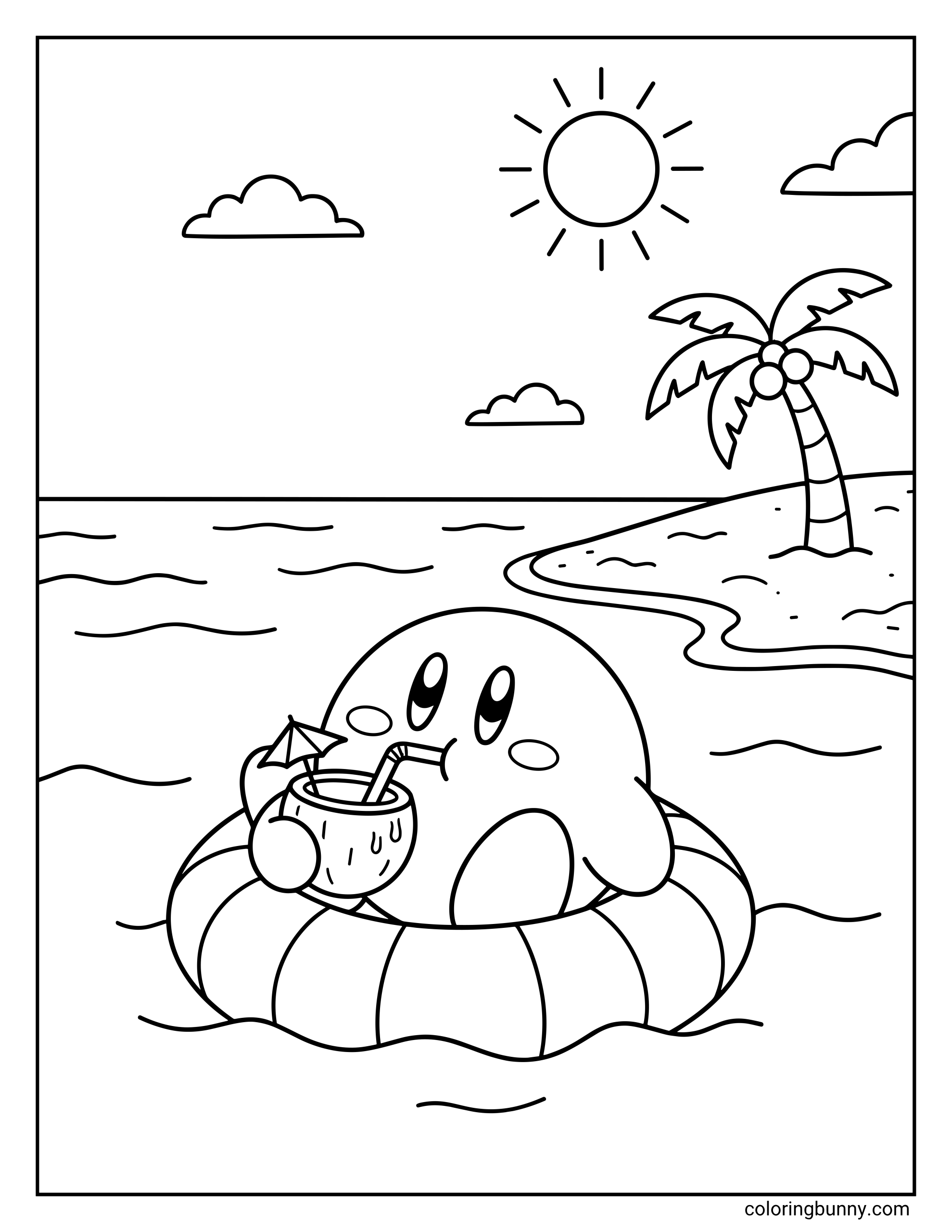 Coloring page of Kirby relaxing in a striped inner tube on the water, sipping a coconut drink with a tiny umbrella, near a sandy island with a palm tree.