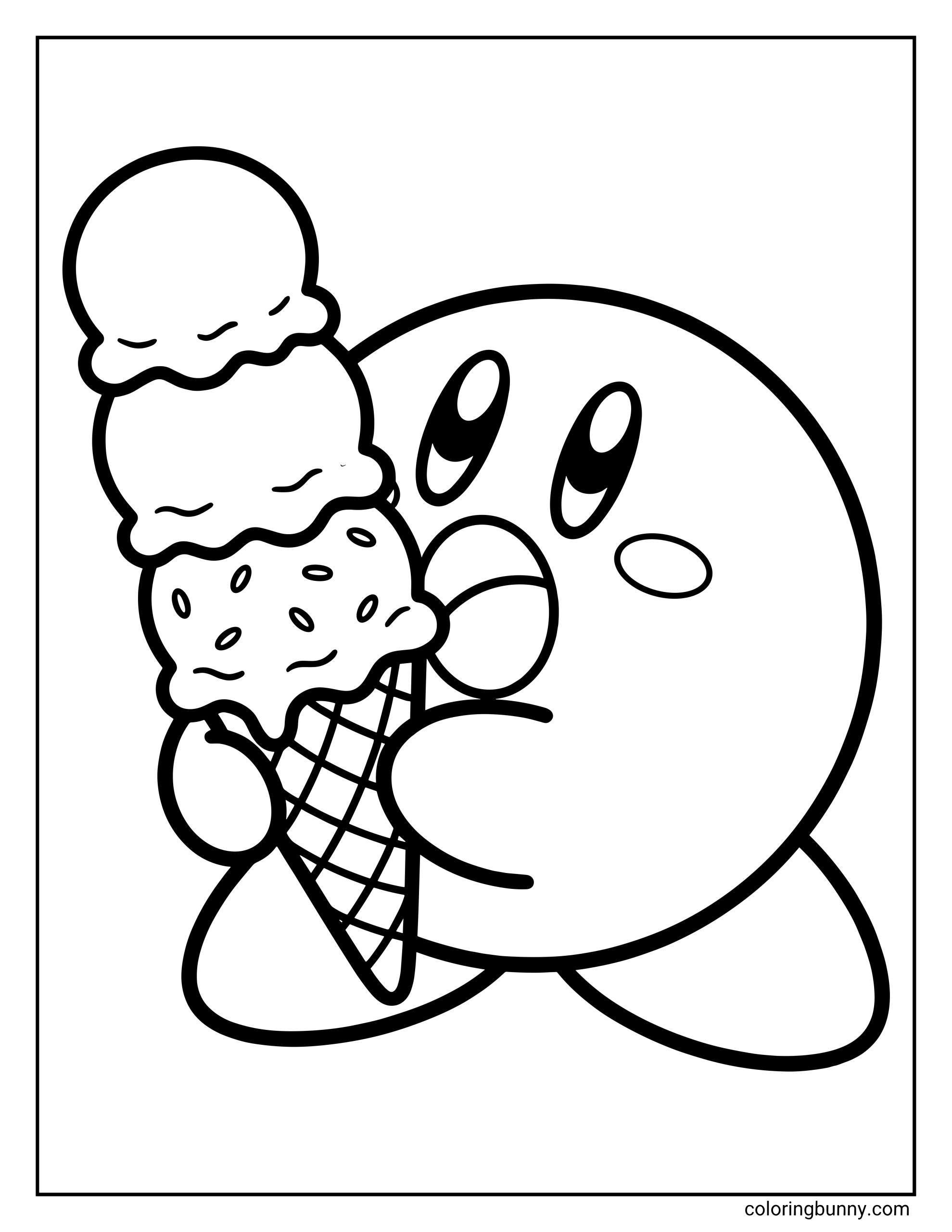 Kirby coloring page featuring the round hero Kirby with his mouth wide open, holding a waffle cone with three large scoops of ice cream, the bottom one covered in sprinkles.