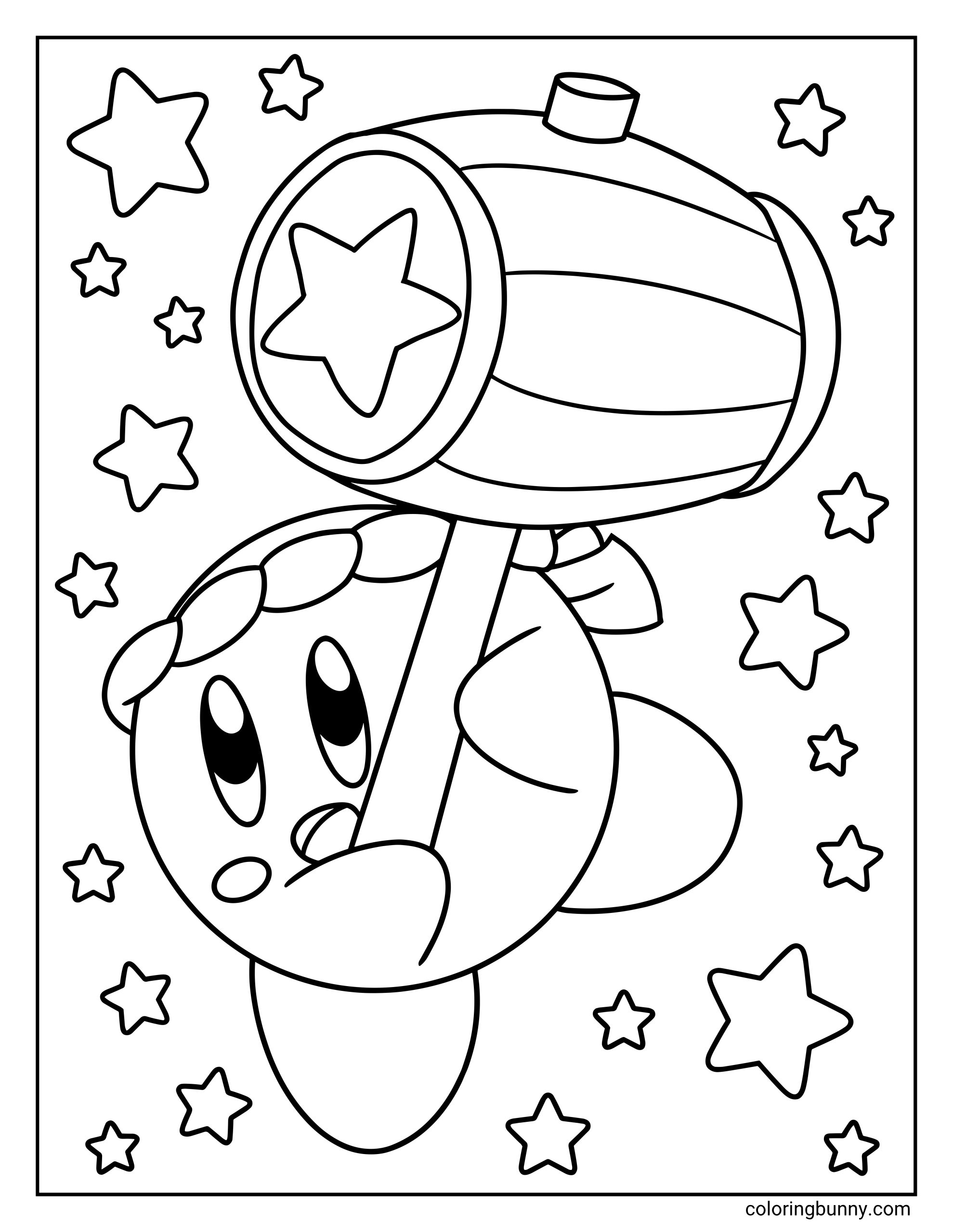 Coloring sheet showing Kirby gripping a giant hammer while stars float around him.