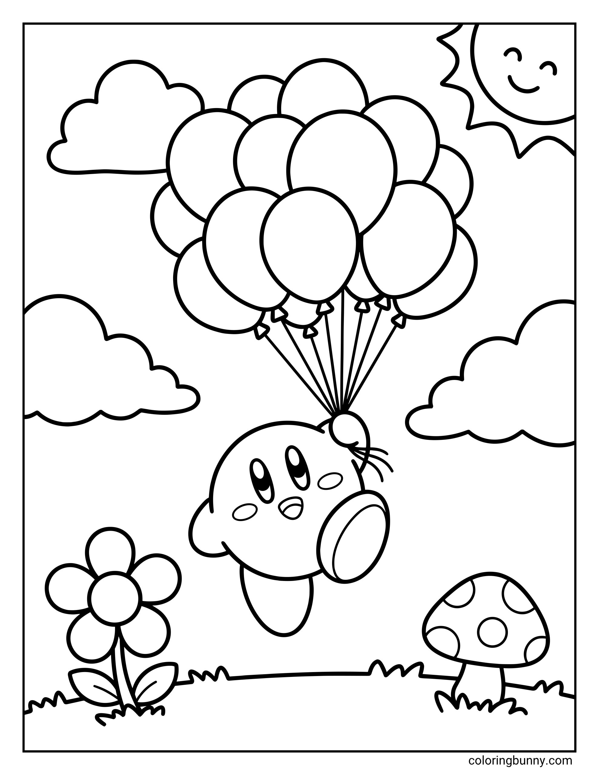 coloring page of Kirby holding a big bunch of balloons and floating above the grass. A flower, mushroom, clouds, and smiling sun make the scene feel bright and playful.