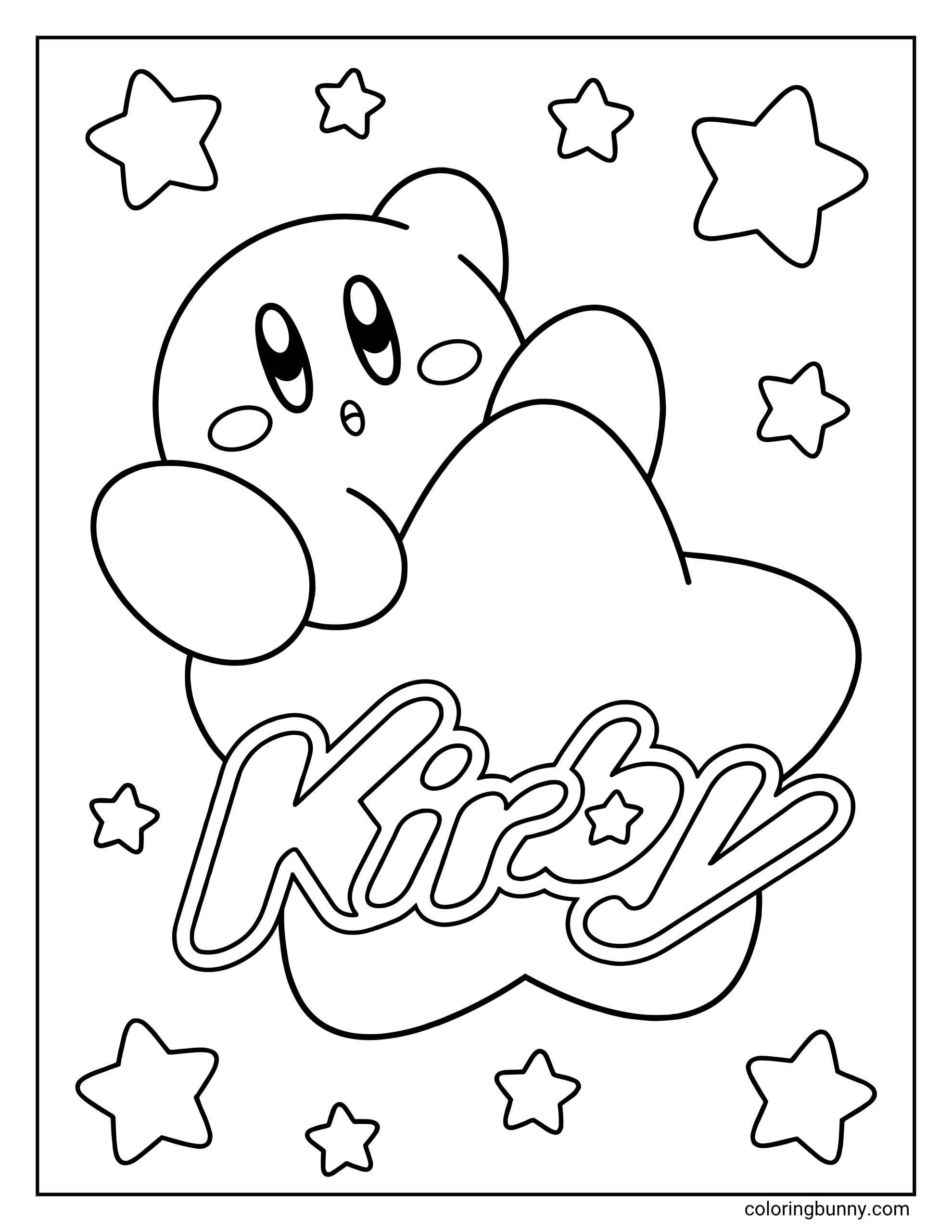 Kirby coloring page featuring the round hero Kirby peeking over a giant star with his name on it, surrounded by many smaller floating stars.